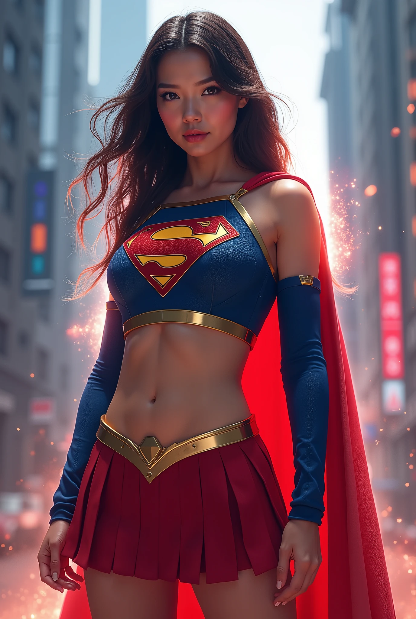 asian supergirl, red skirt, blue top with Supergirl logo on chest, open belly, bra visible, realistic, portrait, dynamic pose, detailed facial features, piercing eyes, confident expression, muscular build, glowing energy aura, futuristic cityscape background, dramatic lighting, cinematic composition, intricate details, 8K, photorealistic, masterpiece, vibrant colors, dramatic lighting