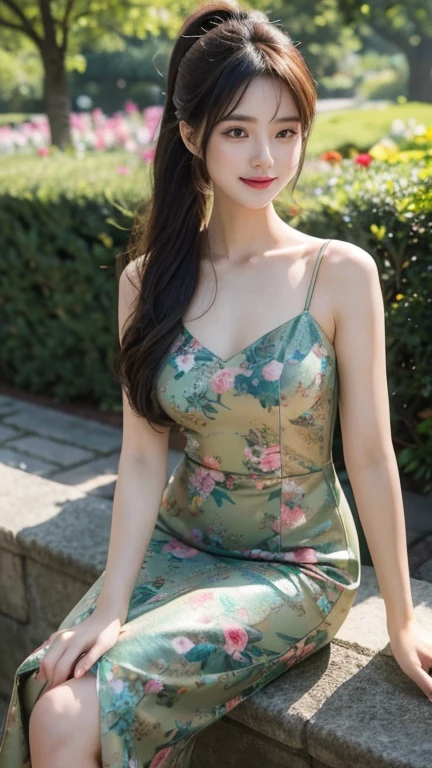 ((Knee-high dress with flower print)) Natural makeup, Stunning full-body shots, (Best Quality, 4K, masutepiece: 1.3), Beautiful Japan Alafed Woman、25years old、Hyper-realistic, 1girl in,hyperdetailed face,Detailed lips, Detailed eyes,二重まぶた, (Beautiful detailed lips),Sexy face、light brown hair、(Attractive body: 1.2), (thin waist:1.1)、floated hair、((独奏))、 half laugh, multicolored background, looking at the viewers, plein air, (The perfect female figure),big breasts thin waist,电影灯光, 耳Nipple Ring, jewely