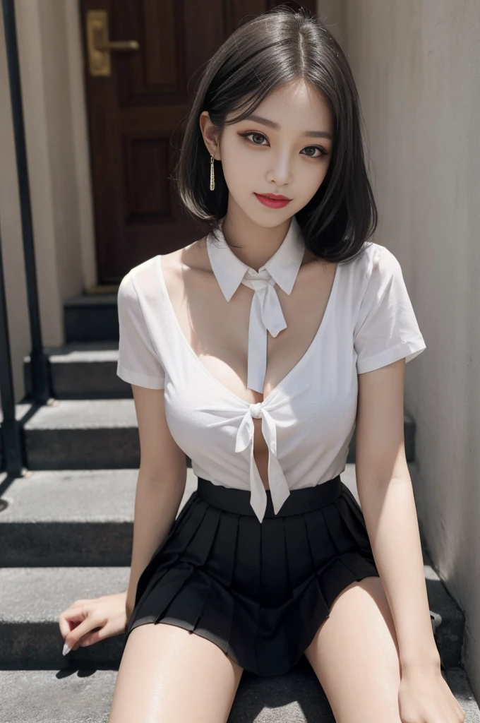 Gray eyes, Korean , summer shirt, gravitation, charisma, glamorous, ribbon tie, a bore skirt, bright blonde, school stairs, going down school stairs, chest thrusting pose, chest bragging pose, 8k raw photo, high resolution, cool Korean at 18 years old, very big round breasts, beautiful eyes in detail, long eyelashes, beautiful double eyelids, eyeshadow, eyeliner, slender eyes, elongated eye shape, Sanpaku eyes, evil smile, evil look, beautiful very thin legs, beautiful very thin thighs, random medium hair, hair tied behind the head, earrings.