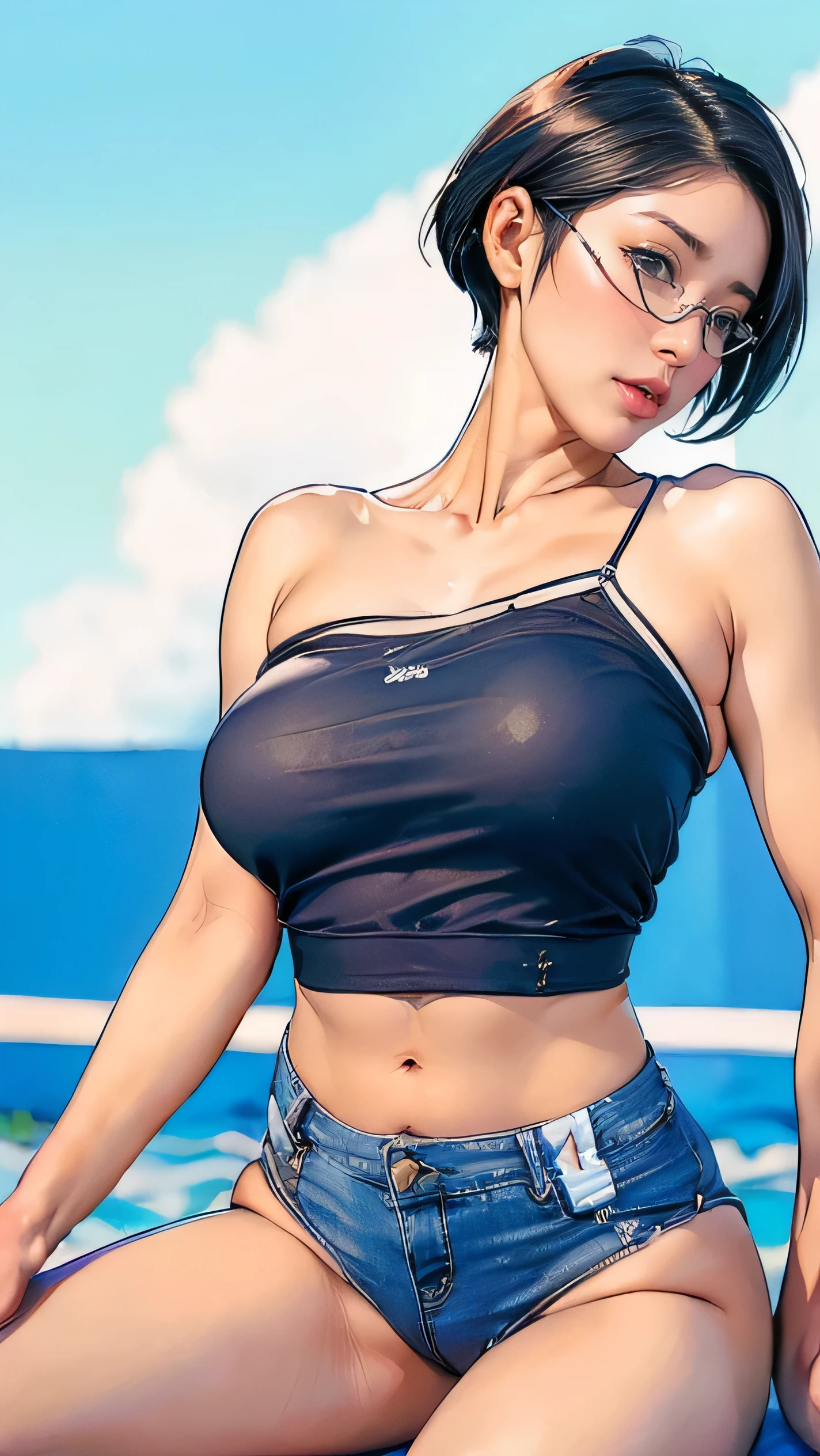 1girl,18yo,good anatomy, masterpiece, best quality,realistic, hyperrealistic, 16k hdr,, aamii, short hair, black hair, blue eyes, glasses, (see through nike tank top:1.2), (low-rise damaged short denim pants:1.2),outdoors, from below,standing,(sweat:1.2),(red blush,embarrassment),(teaselift,shirt lift herself:1.2),upper body