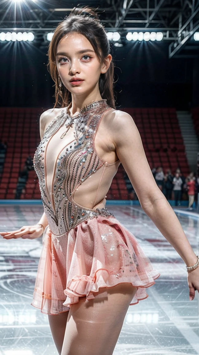 (Raw photo:1.2), (Photorealistic), Beautiful detailed girl, Very detailed eyes and face, Beautiful detailed eyes, Huge file size, High resolution, Very detailed, Best Quality, [masterpiece:1.6], Illustration, Very detailed, Fine detail, Best Quality, 32K Wallpaper, perfect Lighting, in the ice skating rink, she is figure skater, 1 girl, 16 years old, Perfect body shape, medium natural breast, long blonde hair, sexy short ice skater dress, upskirt, dance pose, erotic body, full body photo,