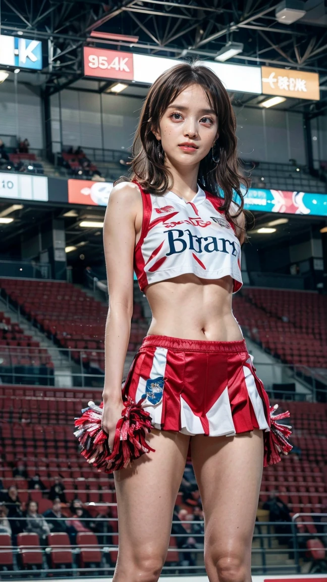(8k,Ultra-high resolution,Highest quality,masterpiece,Realistic,Ultra-high resolution,High-quality RAW color photos,Professional photos,Realistic,Realistic),Natural skin texture,Fine skin,Hyperrealism,Intricate details,Adult women,Eye highlights.Lip gloss,Glossy Lips,(Cute smile,Semi-long hair,Dark blonde hair,bangs),((gigantic breast,Big Breasts)),(Cheerleader,cheer leading,mini skirt,face focus),Arena,dynamic dance,((Panty shot,full body dynamic pose,support))