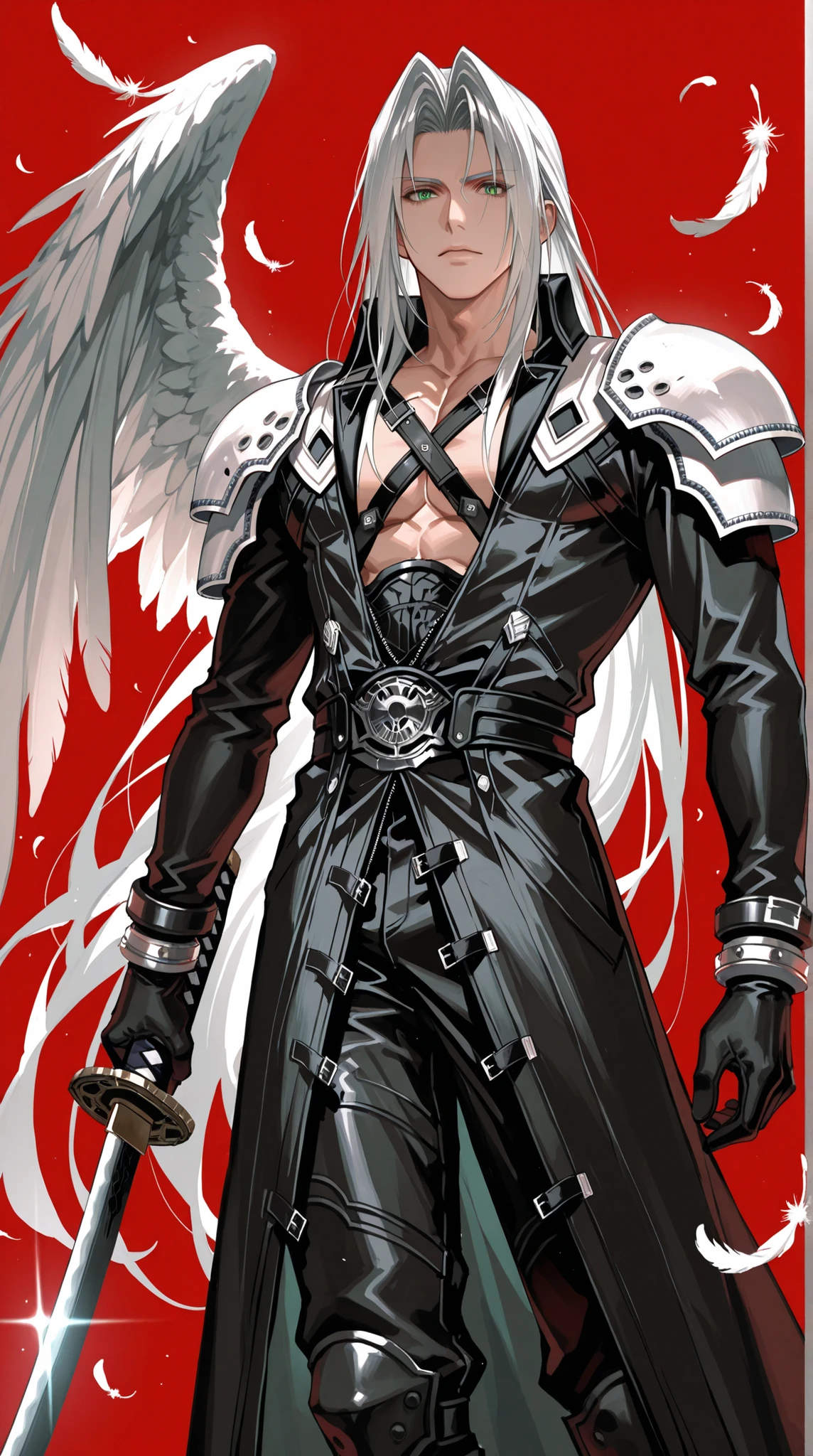 adult male, handsome, tall, sephiroth, armor, black coat, black gloves, chest strap, coat, falling feathers, feathered wings, feathers, gleam, gloves, green eyes, holding, holding sword, holding weapon, katana, long bangs, long coat, long hair, looking at viewer, male focus, masamune \(ff7\), parted bangs, red background, shoulder armor, single wing, sword, very long hair, weapon, white hair, wings, mors gn, final fantasy, final fantasy vii,, ultra-detailed, intricate details,masterpiece, best quality, amazing quality, hyper-detailed, newest, very aesthetic