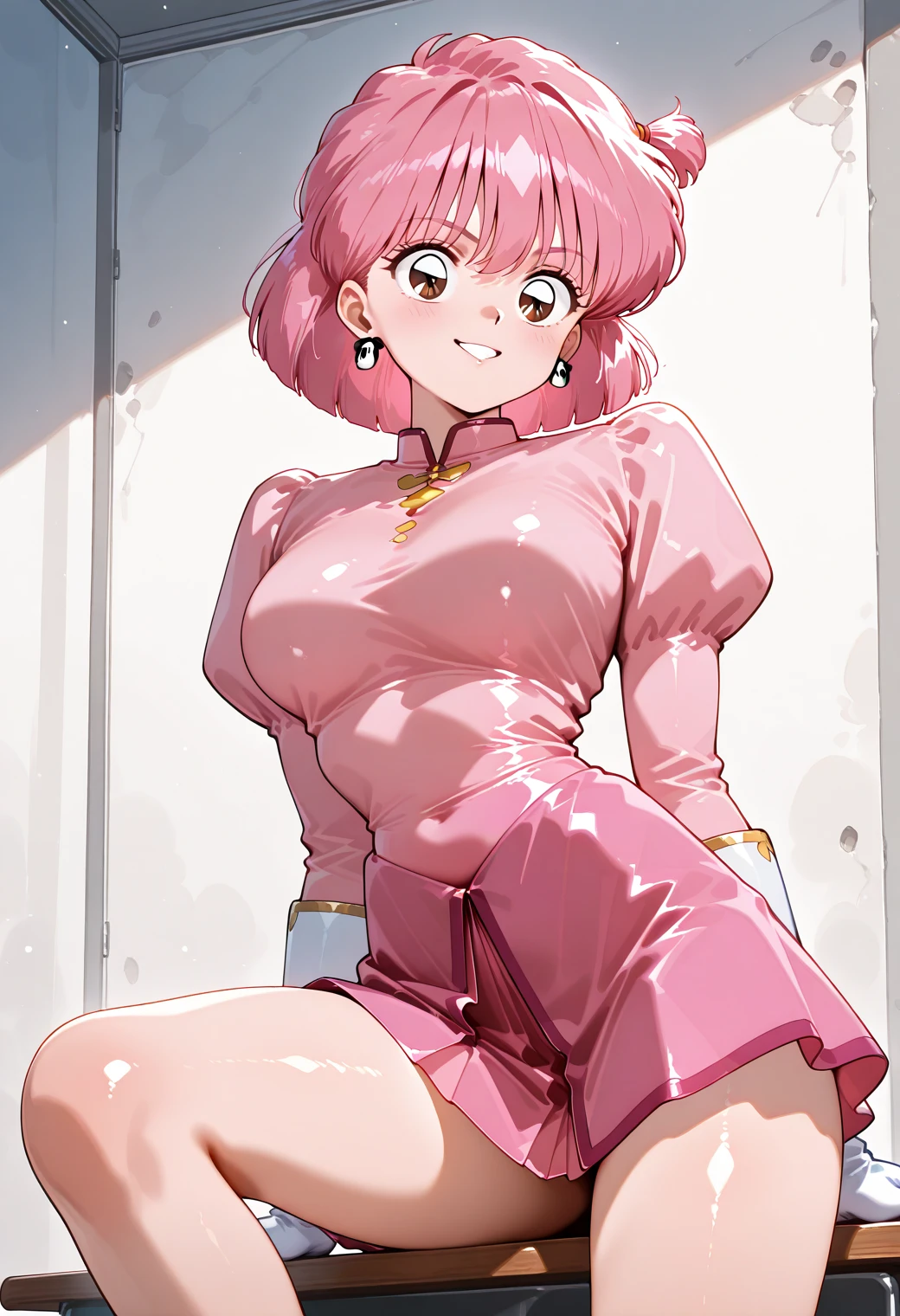 Teacher Pink hair Sexy Leather pants Desk