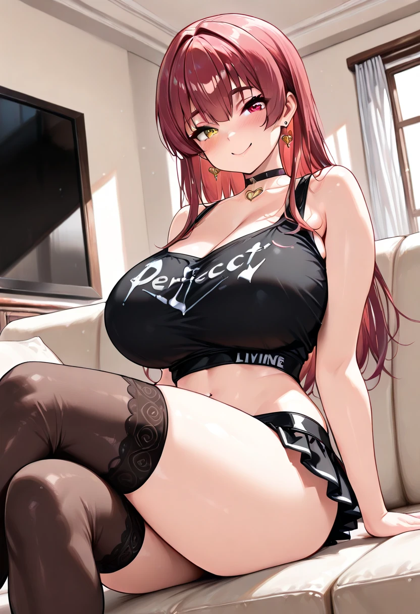 best quality, masterpiece, ultra-detailed, illustration, dynamic pose, a close up of a woman sitting on a chair with a cat, 1girl, powerdef, sharp teeth, cross-shaped pupils, red horns, trending on devianart, trending on artstation, deviantart, artstation, ig model, looking at viewer, peace sign, (evil smile), close-up shot, thick thighs, big breasts, big ass, wide hips, hip dip, underboob, pink tank top hoodie, long sleeves, long white socks, jean shorts, glossy lips, cinematic lighting, volumetric lighting, vibrant colors, ray tracing, intricate details in 8k or 4k resolution