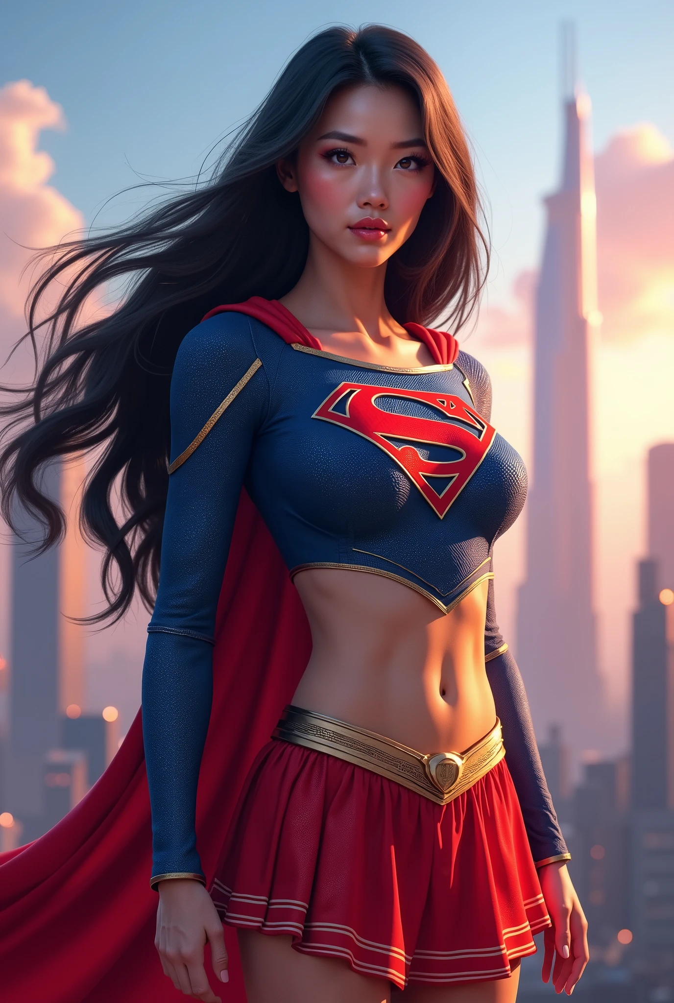 asian supergirl, red skirt, blue top with Supergirl logo on chest, open belly, bra visible,