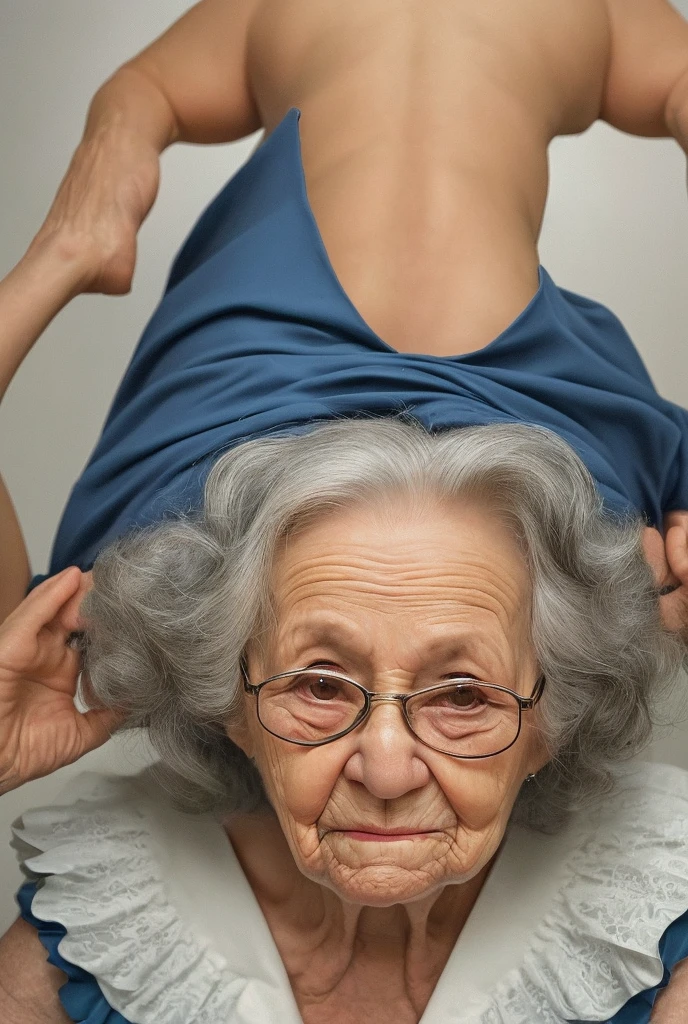 Create a photo of a 20 year old young woman, with a slender and beautiful body, completely naked, with white and clear skin, with long wet light brown hair, with arms raised high, taking a shower on his back while having his body rubbed by a 90 year old elderly lady, obese, dark black skinned, who wears glasses and a blue dress