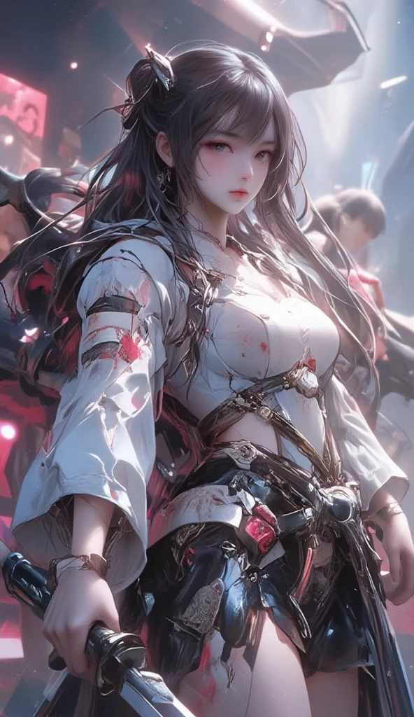 ( Masterpiece:1.25, exposed:1.2, White and vivid colors, navel), (sexy junior idol), ((face variations, Hair variations)), portrayed in the best quality and high resolution. The image should be ultra-detailed, realistic, and photorealistic with a touch of rawness. The lighting should be emphasized to bring out the details of the face. The medium can be a combination of photography and concept art. The color tone should be vibrant and vivid, enhancing the overall visual impact. (Whole Body proportions and all limbs are anatomically accurate), { Delicate blood-stained crotch Detailes | Gigantic Cleavage:1.37, Overflowing } . ((no extra limbs)), (nipple:-0.8) .
