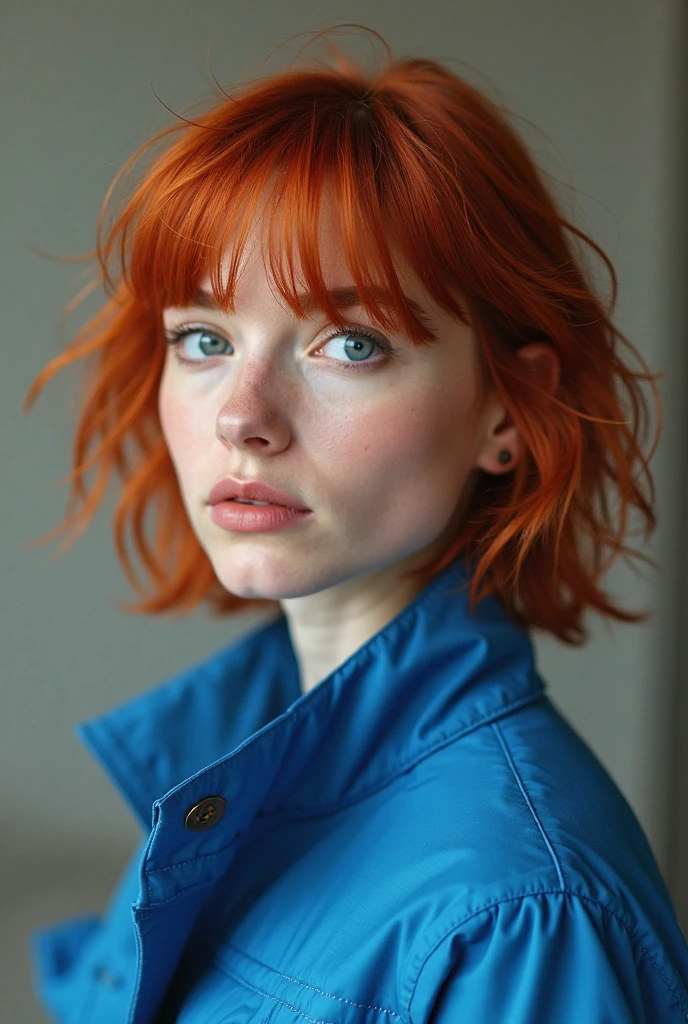arafed woman with red hair and a blue jacket looking at the camera, red haired young woman, photo of young woman, color portrait, a redheaded young woman, anna nikonova aka newmilky, portrait of a red haired girl, headshot profile picture, mid shot portrait, woman with red hair, anna nikonova, short copper hair