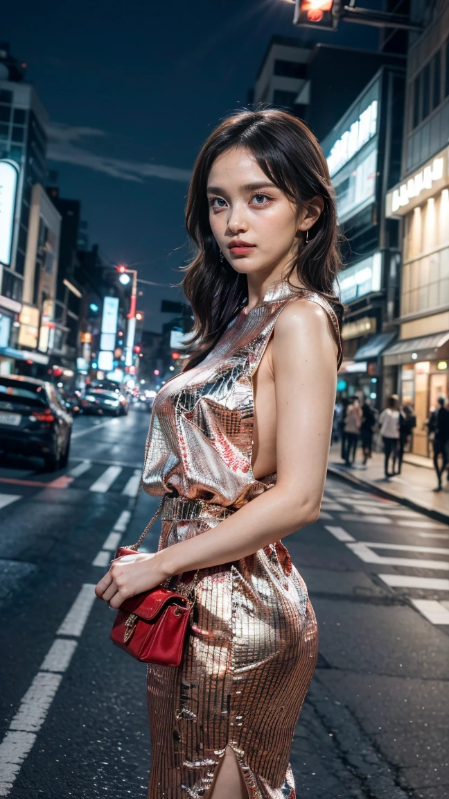 Some girls take selfies at food festivals, foods, fruits, street, cyberpunk, city night, absurdres, highres, extremly detailed, artist style, material effects, upper body, galaxy multicolored hair in new york city at night with orange fog, cybercity, professional lighting, photon mapping, radiocity, physically-based rendering, long dress with vintage flower