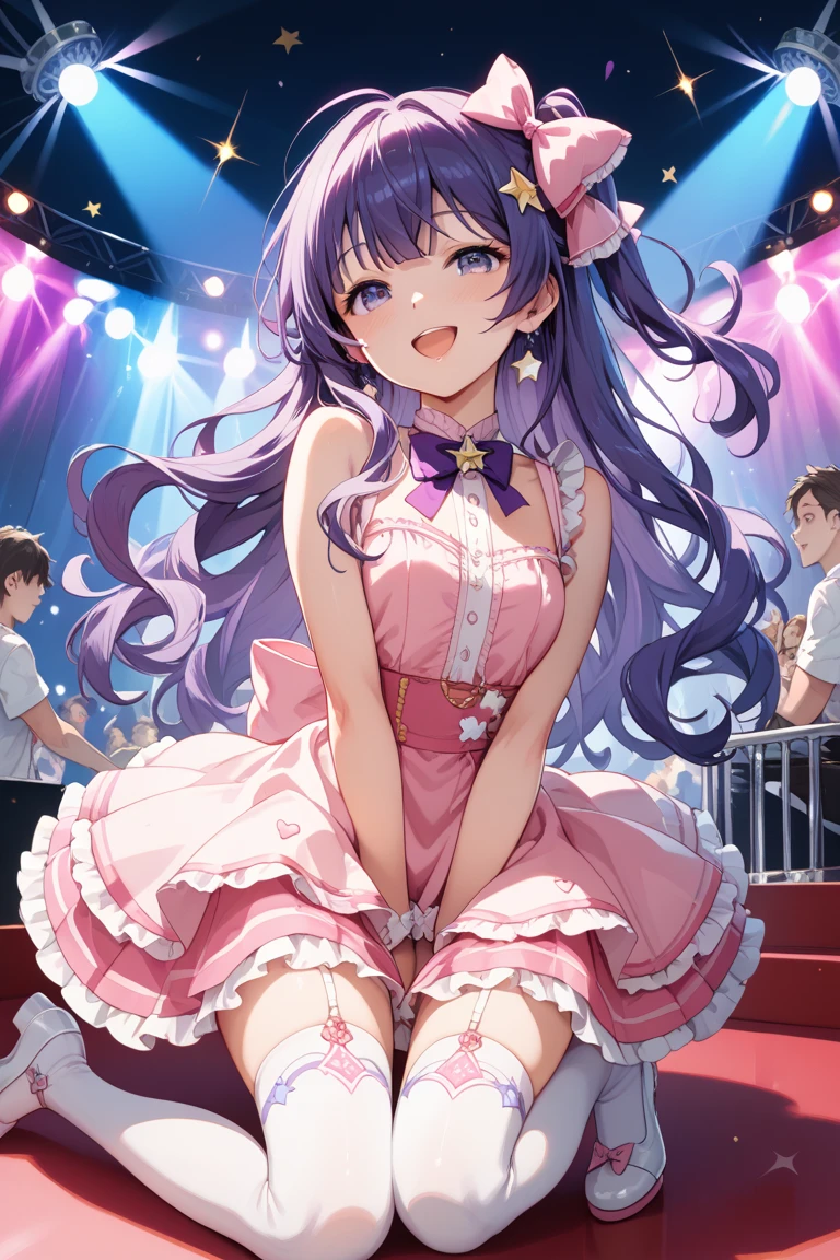 A close-up of a beautiful girl wearing a dress on a stage, anime girl, from behind, wearing a purple idol costume, short sleeves, choker with a bow, low-cut chest, long white stockings with lace, looks like a model, looking back to the viewers, shakes her ass, singing and dancing on a stage, have a microphone, dark brown hair, wavy hair, long hair, expressive hair, flowers hair ornament, swept bangs, long bangs, aqua eyes, detailed eyes, bright eyes and pupils, blush, joyful expression, purple hair ribbon, crystal earrings, smile, red lips, glossy lips, open mouth, tongue, upper teeth, singing happily, big rounds breasts, thin waist, perfect arms, defined thighs, thin legs, sexy pose, white lace panties, high definition, natural light, high detail, anime, dithering, image fill, perspective, Wide-Angle, f/1.8, 85mm, Sony FE GM, 8k, 8k wallpaper, super detail, highly detailed CG, UHD, retina, masterpiece, accurate, anatomically correct, textured skin, highres, best quality:1.3, 16k