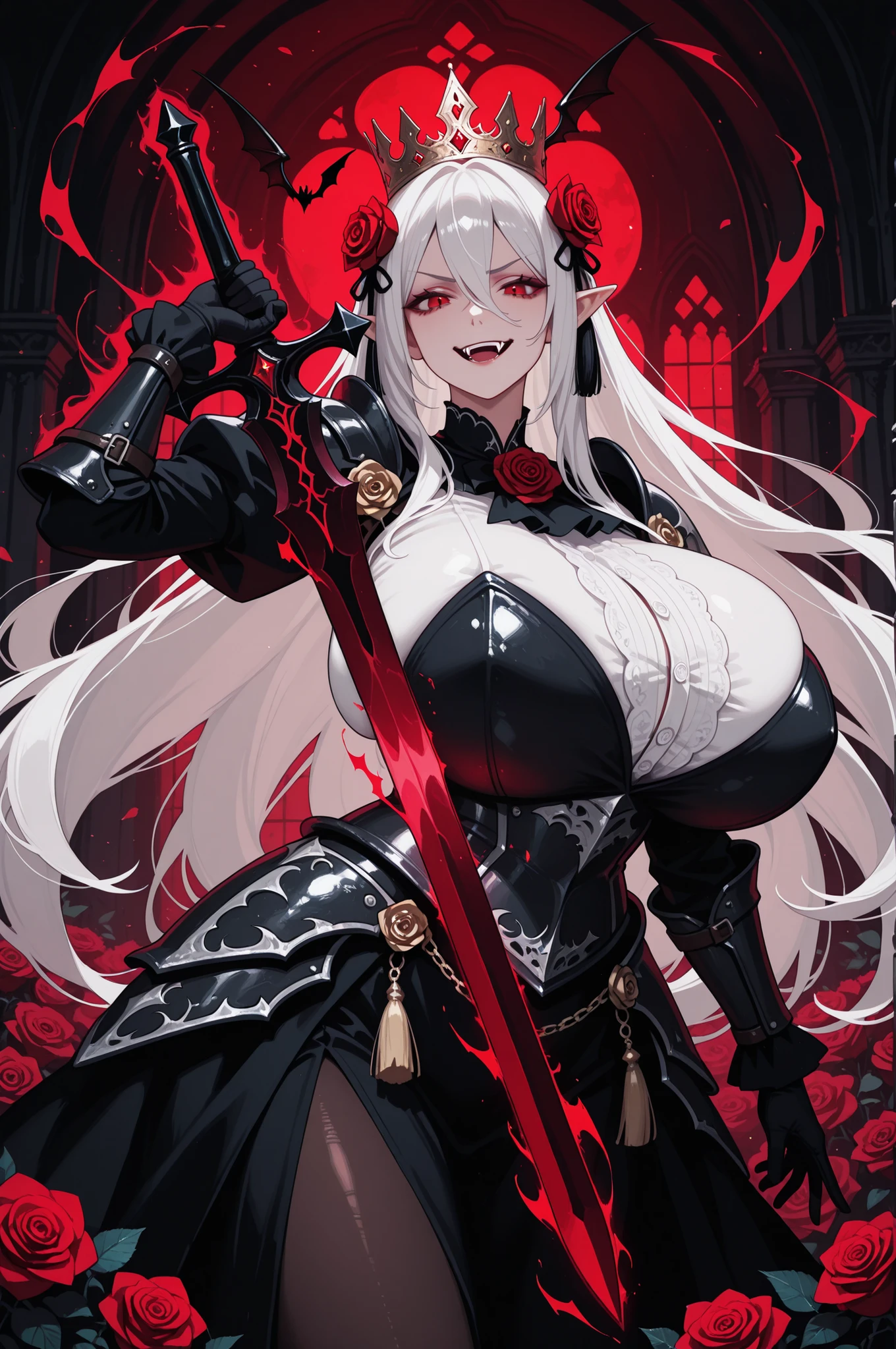masterpiece,best quality,amazing quality,very aesthetic,absurdres,newest,1girl,bangs,vampire fangs,pointed ears,roses,hair between eyes,hair rose,hair ornament,holding,gigantic breasts,heavy medieval armor,long white hair,long sleeves,looking at viewer, red eyes, black gloves,solo,tassel,vampire,royal crown,holding a sword dynamic pose, smirk,roses,dark magic sword,magic aura, Gothic theme