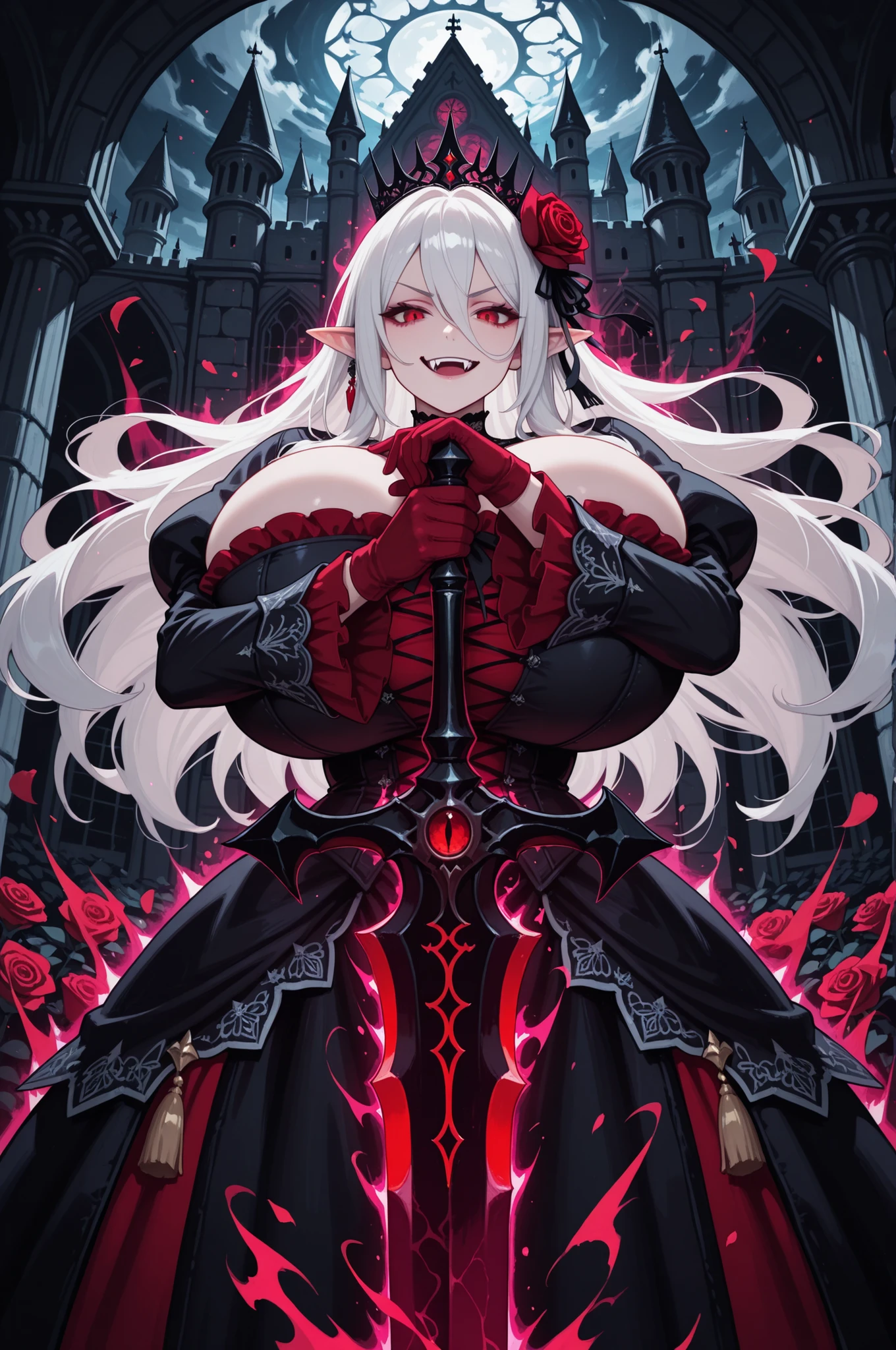 masterpiece,best quality,amazing quality,very aesthetic,absurdres,newest,1girl,bangs,vampire fangs,pointed ears,roses,hair between eyes,hair rose,hair ornament,(holding a sword), gigantic breasts,gothic medieval dress,long white hair,long sleeves,looking at viewer, red eyes, red gloves,solo,tassel,vampire,royal crown,dynamic pose, smirk,roses,((dark magic sword)),(((magic aura))), Gothic theme, gothic castle