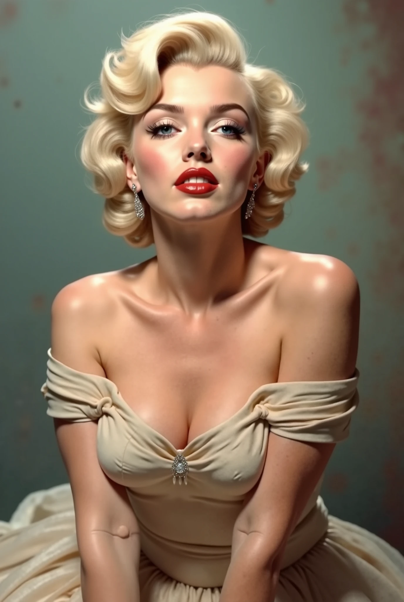 Complex scenes, perfect, dreamy aesthetics, beautiful Marilyn Monroe pictures, 36 years old, (((One woman)), solo, wallpaper, close-up, earrings, fun raw photos with exciting breasts in seductive clothes, cleavage, white hair, white skin, constantly wearing makeup, red lips, attractive posture, lying on the bed, refreshing breeze, very attractive, Amazingly gorgeous, flirtatious and playful, dynamic pose, ((wearing a white translucent drape skirt)), Marilyn Monroe's face, clear eyes, angle from above (looking at the camera), accurate facial features, smooth, slightly powdered skin texture, feathering, (detailed skin), realistic texture, muffled light, gradient blending, perfect face proportions, dense skin, optimal ratio of four fingers to one thumb, arms under the chest,