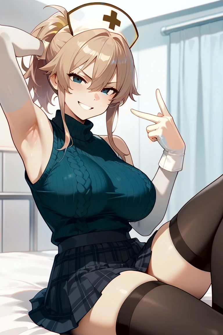 blonde woman looking down at viewer as if on top of them, with a big grin