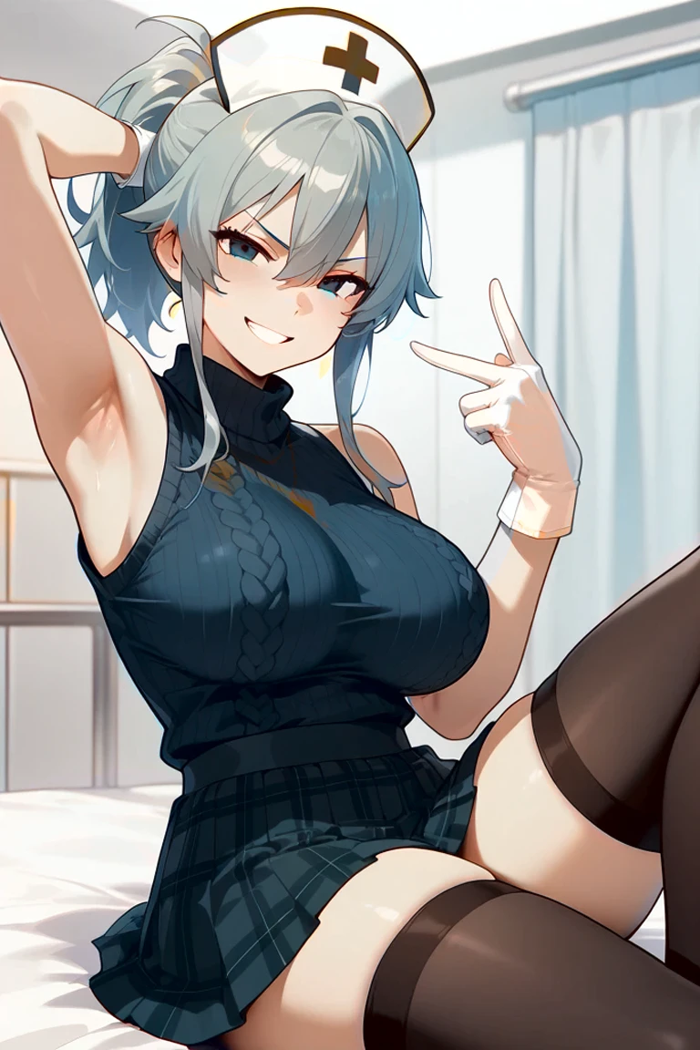 (Masterpiece), Best Quality, ultra-detailed, 1girl (Secelia Dote, naked body, short hair, dark skin, blue eyes, half-closed eyes), smirk, parted lips, solo, maid (black), frill, maid headdress, ultra mini skirt, black lace thighhighs, garter belt, in the livingroom,table, against the table, hands on table, standing, spread legs, Sexy waist teasing, come-on, temptation, hips pov, looking back , from_below