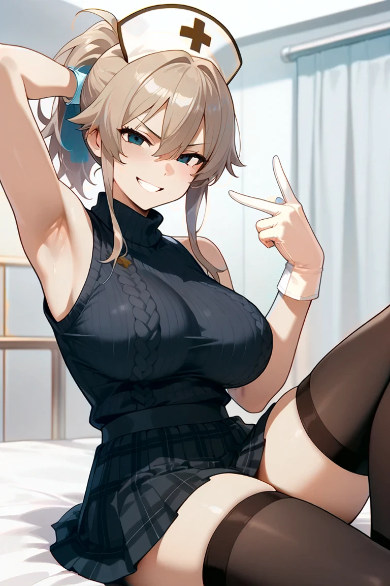 girl,Pantyhose or stockings,((selfie:1.3)),Tank top showing cleavage,((small breasts)),smile
