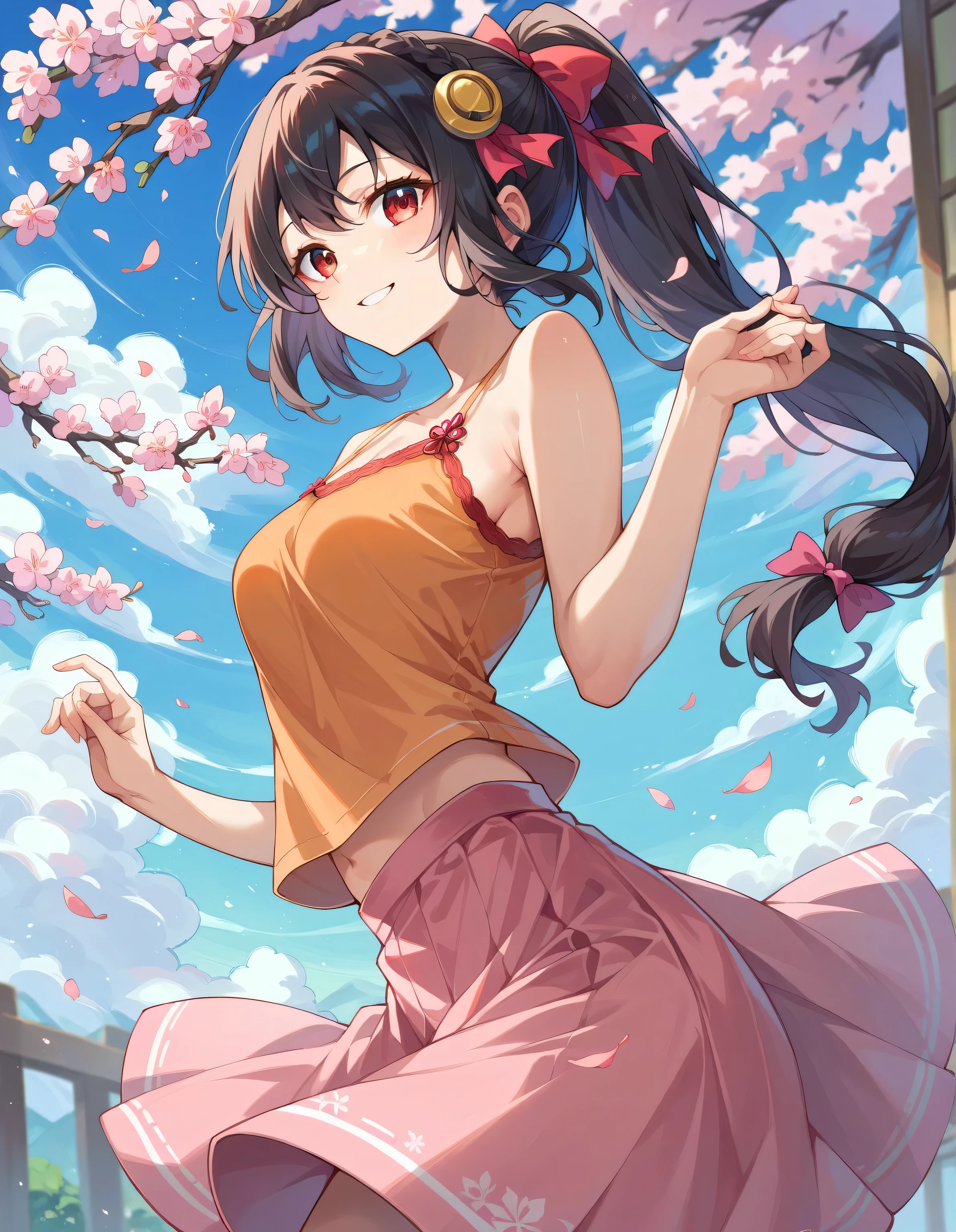 high image quality,high quality、
Yunyun、 (One person)、red eyes、black hair, hair accessories, ( Orange Camisole),pink skirt、solo、high ponytail、cherry blossoms、blue sky、side view,gently smiling