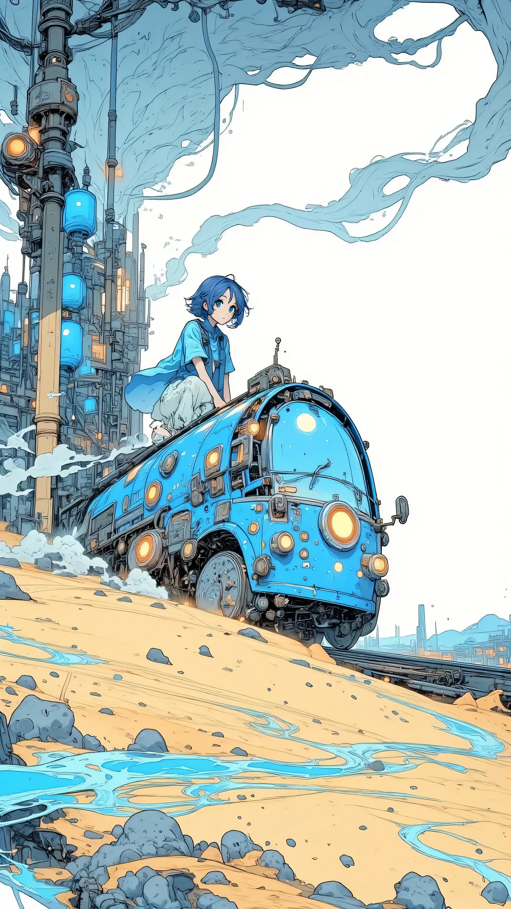 A train made of light and metal glides through a desert with no tracks. A traveler rides atop it, staring at a skyline of floating structures. The sky shifts in patterns, not colors. Sci-fi surrealism, silent journey, vast scale, open-ended meaning, Moebius mood