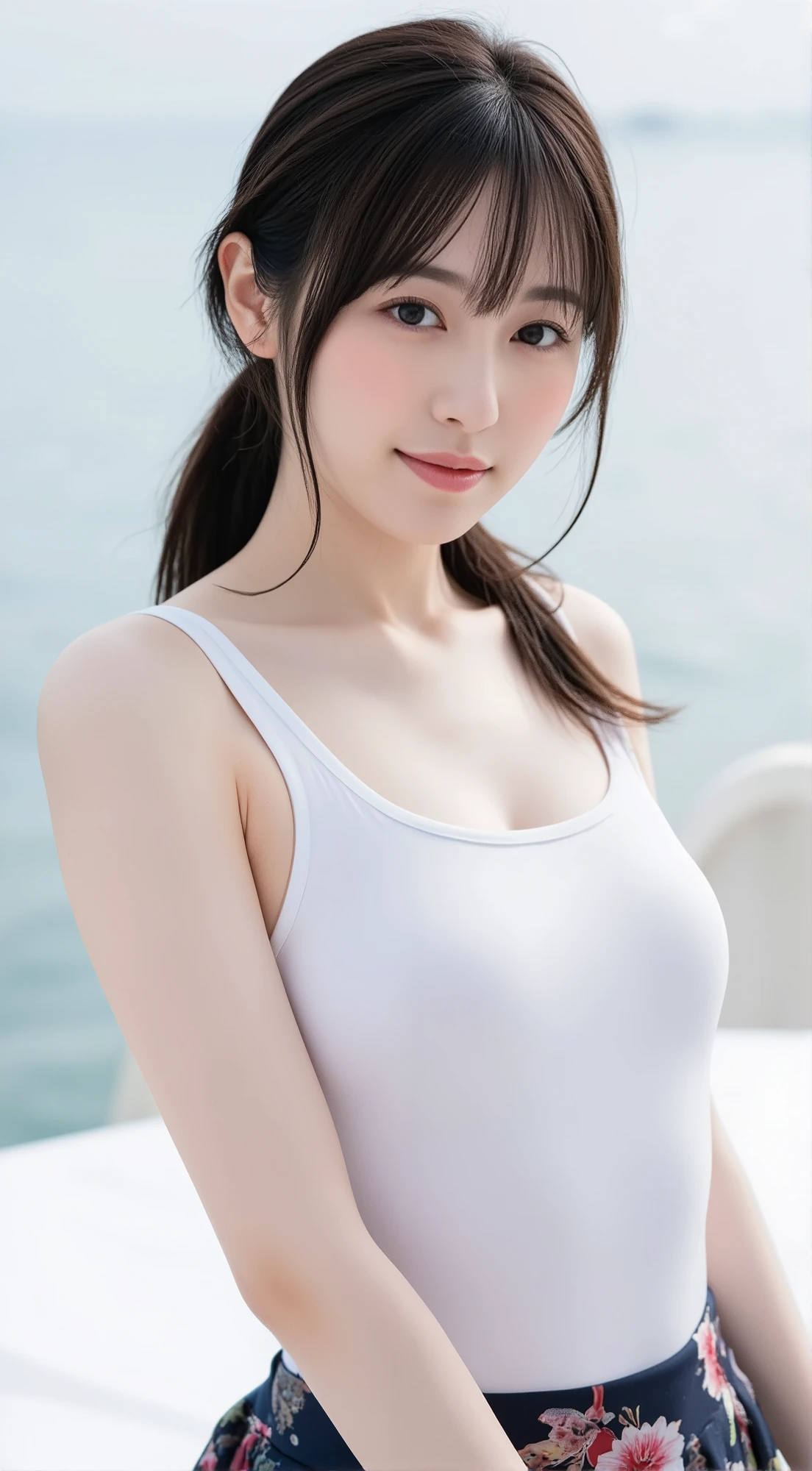 1 female,beauty,Beautiful Face,smile,Crouch down and observe the audience,A dignified appearance,Perfect Style,(White swimsuit with less fabric:1.3),Cleavage,Focus on the chest,,View from above,Front view,Ultra-realistic,Ultra-high resolution,highest quality,8k,masterpiece，20th Generation，Moderate wrinkles on the skin，