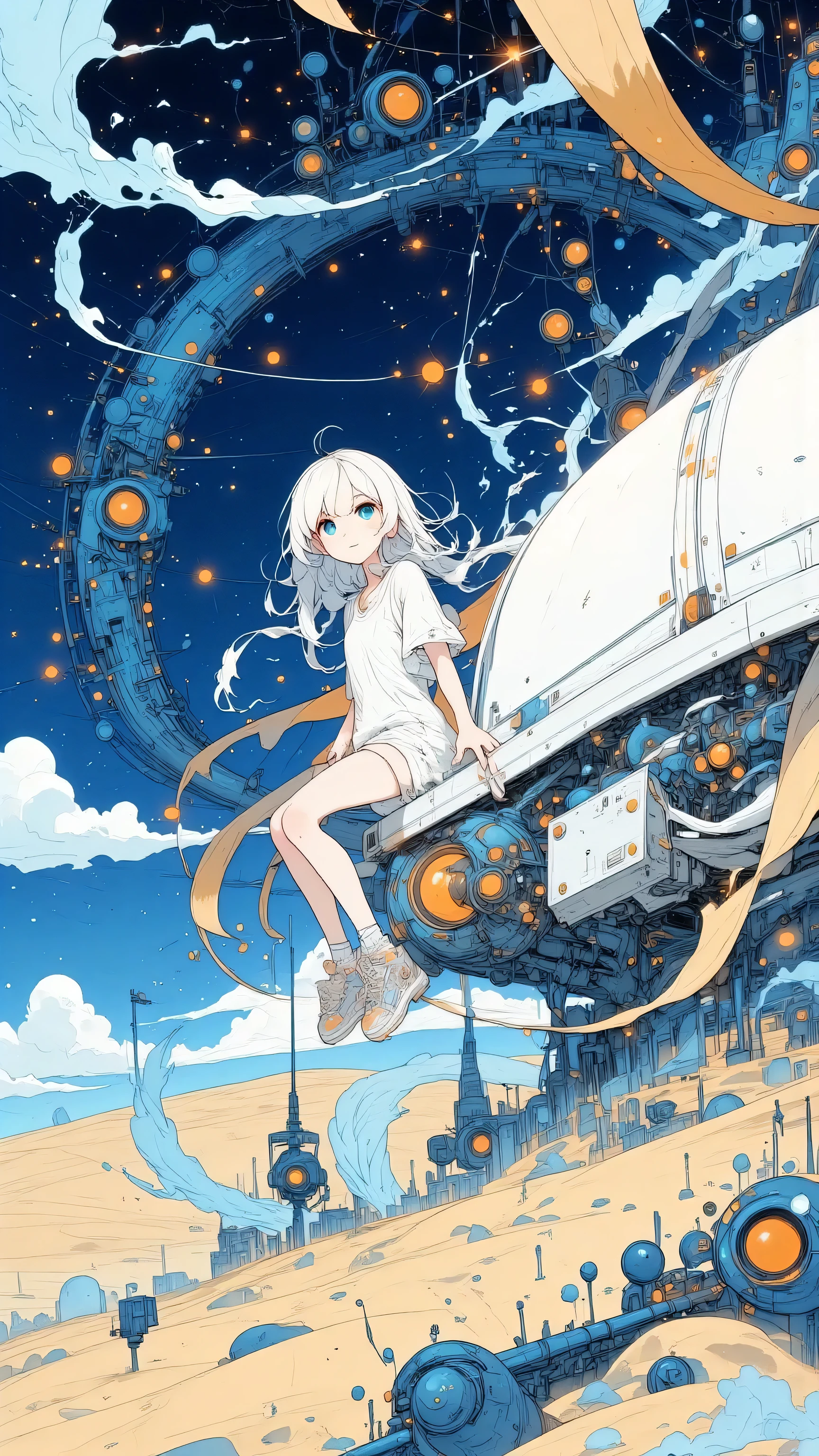A train made of light and metal glides through a desert with no tracks. A traveler rides atop it, staring at a skyline of floating structures. The sky shifts in patterns, not colors. Sci-fi surrealism, silent journey, vast scale, open-ended meaning, Moebius mood

