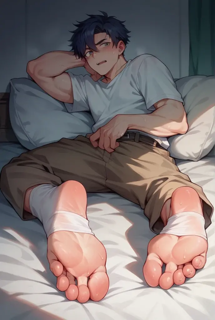 boy Spiderman very wet sweaty white socks laying down on his stomach flat on bed feet soles showing so very close to the camera