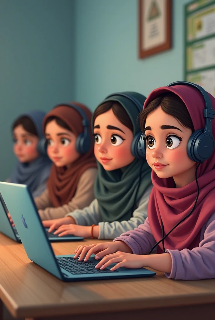 Three of hijab women with one of them is chubby and they are working on coding and search about cyber security in anime version.