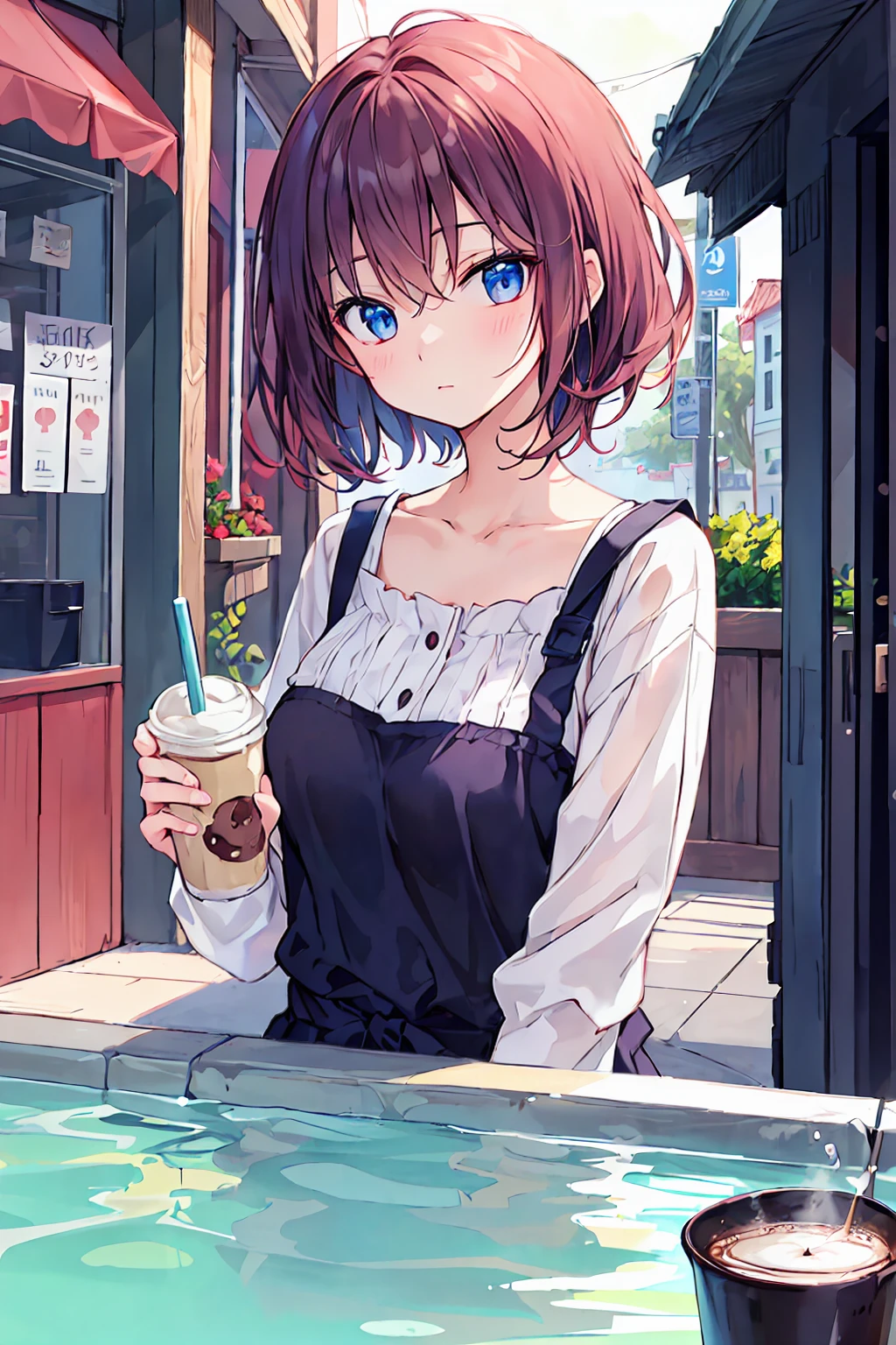 ​masterpiece、beste-Qualit、Super-High Resolution、High detailed portrait、(photographrealistic:1.4)、(((1girl in)))、Dasai Fashion、Beautiful Chi girl with ragged hair、Add straw、Hallyu idol、Holding a drink in your hands、Show your teeth、Cowboy style、Wild、Omotesando main street、In front of the high-brand shop window、
