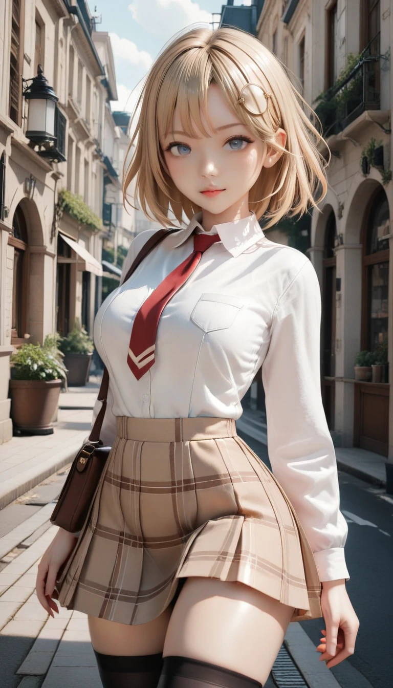 1 girl, blonde hair, square haircut, Red eyes, almond-shaped eyes, voluminous red lips, smiling, Above-average chest, Hips slightly above average, Asian high school girl in school uniform, wearing a stocking above the knees, wear a short skirt, Upskirt Point of View, visible panties, Black panties, 8к HD, dynamic lighting