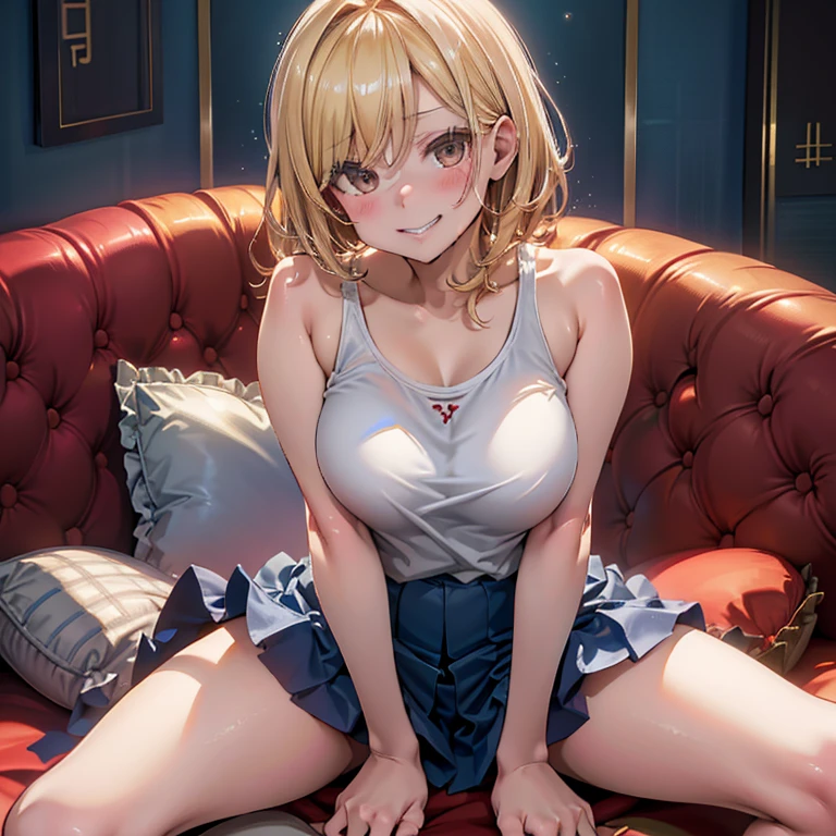(table top: 1.3), (maximum resolution: 1.2), (Ultra HDTV: 1.2), cinematic light, Ultra HDTV, (fine eyes and skin), (detailed facial features), nffsw, 8K resolution, sharp focus: 1.2, perfect style, beautiful face, perfect body, Accurate, anatomically correct, Highly detailed face and skin texture, fine eyes, dark blue eyes, double eyelid, thin eyebrows, glitter eyeliner: 1.2, natural cheeks, Glossy skin, Fair skin: 1.2, small shiny necklace and earrings, (glossy lips: 1.4), break, one person'perspective, (enchanting smile: 1.2), ((innocent and cute girl:1.3)), (blonde hair)、wavy hair、short cut hair、 (cowboy shot: 1.2), break, ((very close relationship: 1.2)), big breasts, ((looking at the viewer:1.2)), on the hotel bed、 ((Bend your knees and spread your legs wide:1.2)), (From the side:1.2),low angle shot,first night、I want to have sex、Seduce、lustful、a provocative look、pink nipples、、pleated skirt、The white blouse is fluttering