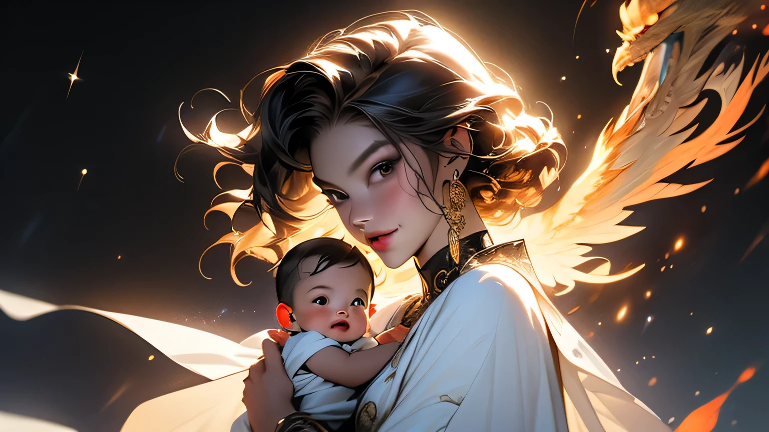masterpiece, woman and child, holy virgin mary with little boy in her arms, ((halo over head)), smiling, heavenly sky, half body, ((divine light)), ethereal, clouds, back lighting, realistic portrait, symmetrical, strong, intricate drawing, highly detailed, digital painting, art station, concept art, fluid, sharp focus, illustration, against heaven's gate, cinematic lighting, works by artgerm and greg rutkowski and alphonse mucha