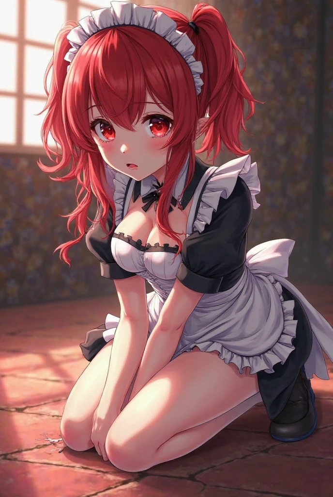 Red hair, ponytail, red eyes, maid outfit, bottom view, pulling down panties, blushing, wet panties