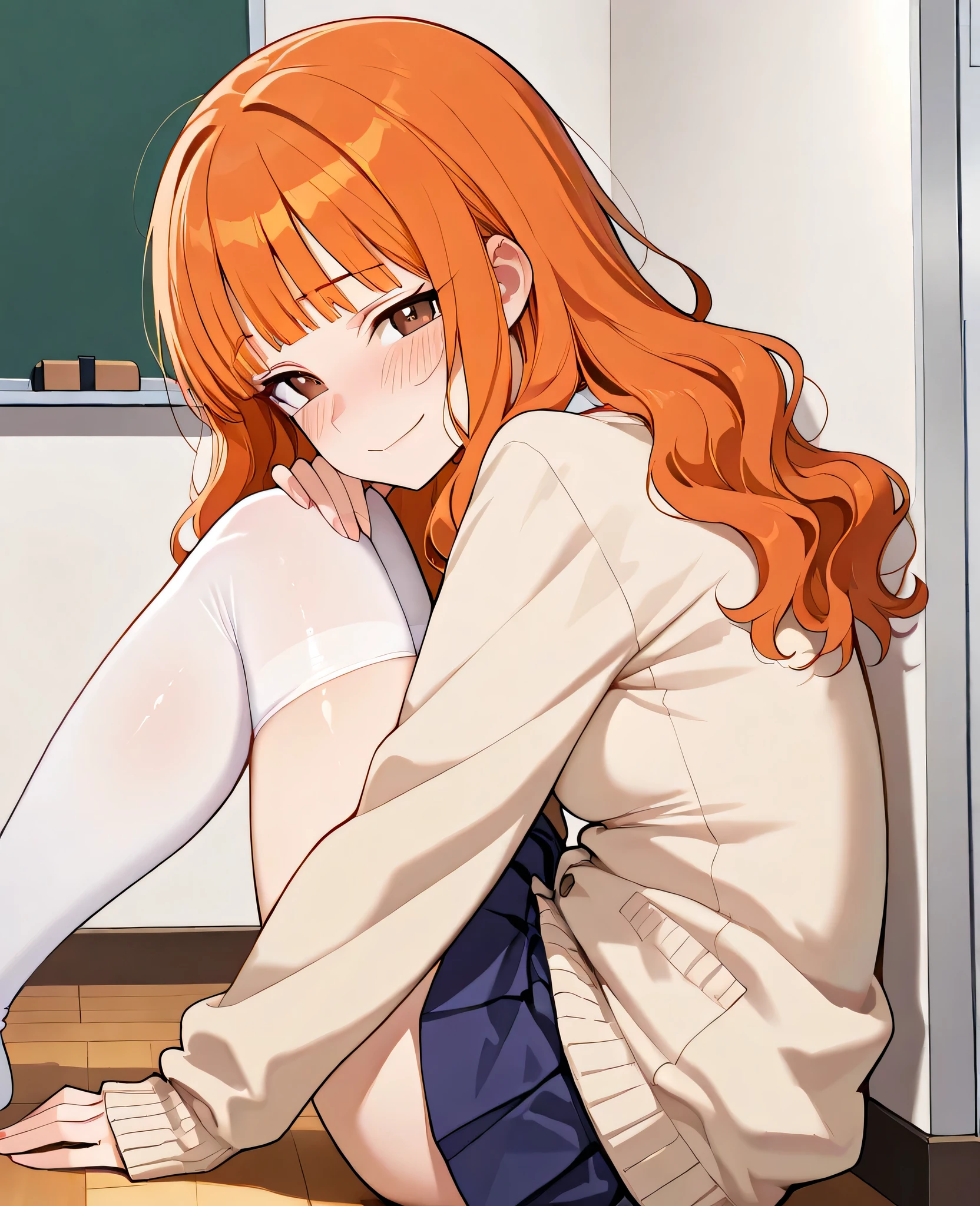 1girl, 20 years old, beautiful, orange hair, slightly wavy hair, straight bangs, hair length to shoulder blades, brown eyes, small hips, slightly plump thighs, narrow waist, small breasts, neat face, small blush, detailed image, detailed body, detailed location, location: classroom, clothes: white button shirt underneath oversized beige cardigan with long sleeves covering half of palm, pleated dark blue skirt, white stockings, small clip on bangs, shy smile, time: evening, pose: standing, shy, looking at viewer, looks into the eyes, side view, head tilted side, hand up, hips to side, blush, from above, solo, sitting on floor, back to wall, knees to chest pose
