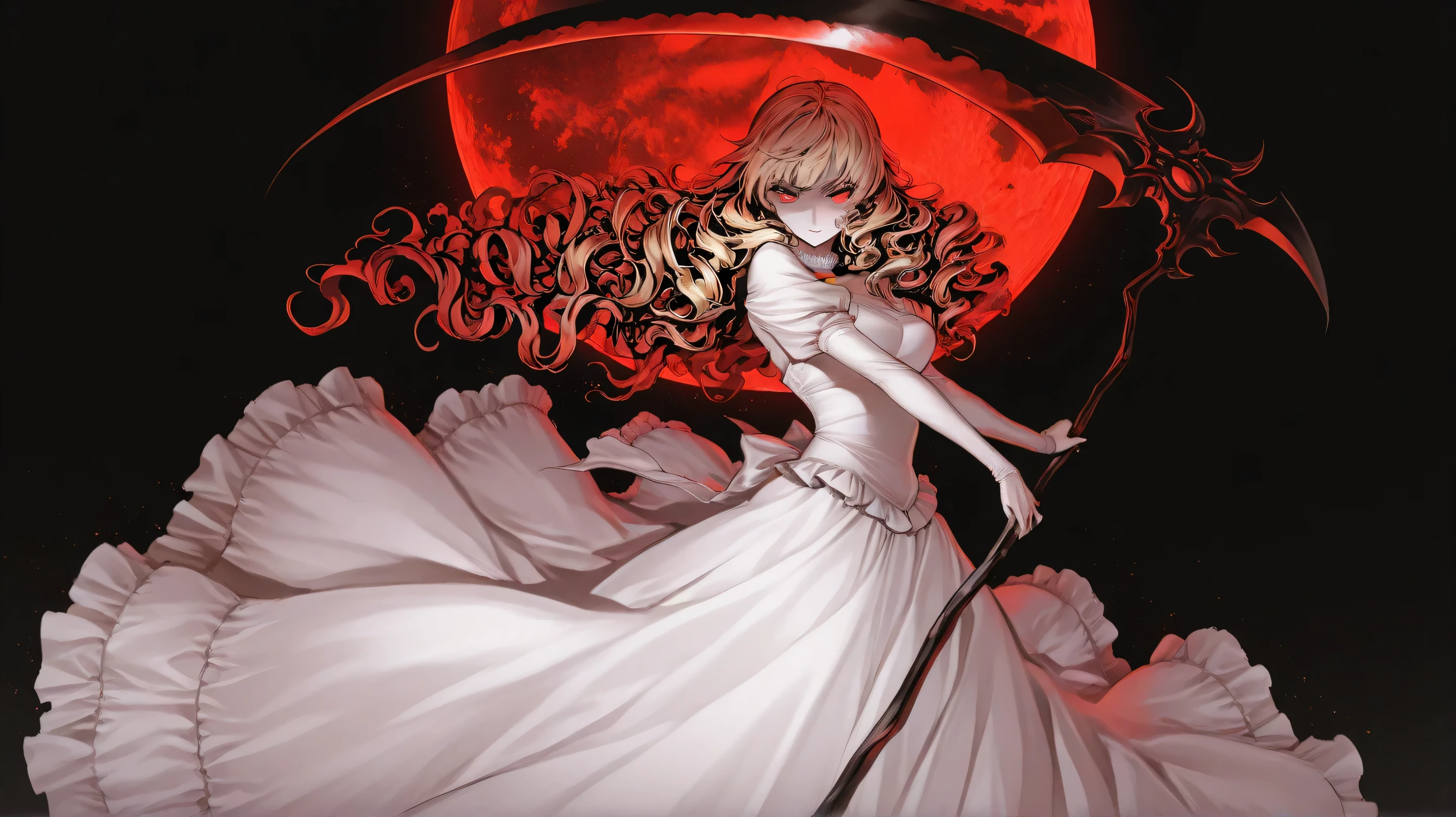 anime a elegant woman with possessed red eyes with long curly wave blond hair wearing a frilled renascent pearl white dress covering up to her neck while holding a large blue scythe with a moon motiff while looking at the viewer with an emotional expression, side-view, black background, epic anime style , high detail, high quality, best quality, masterpiece, 8k