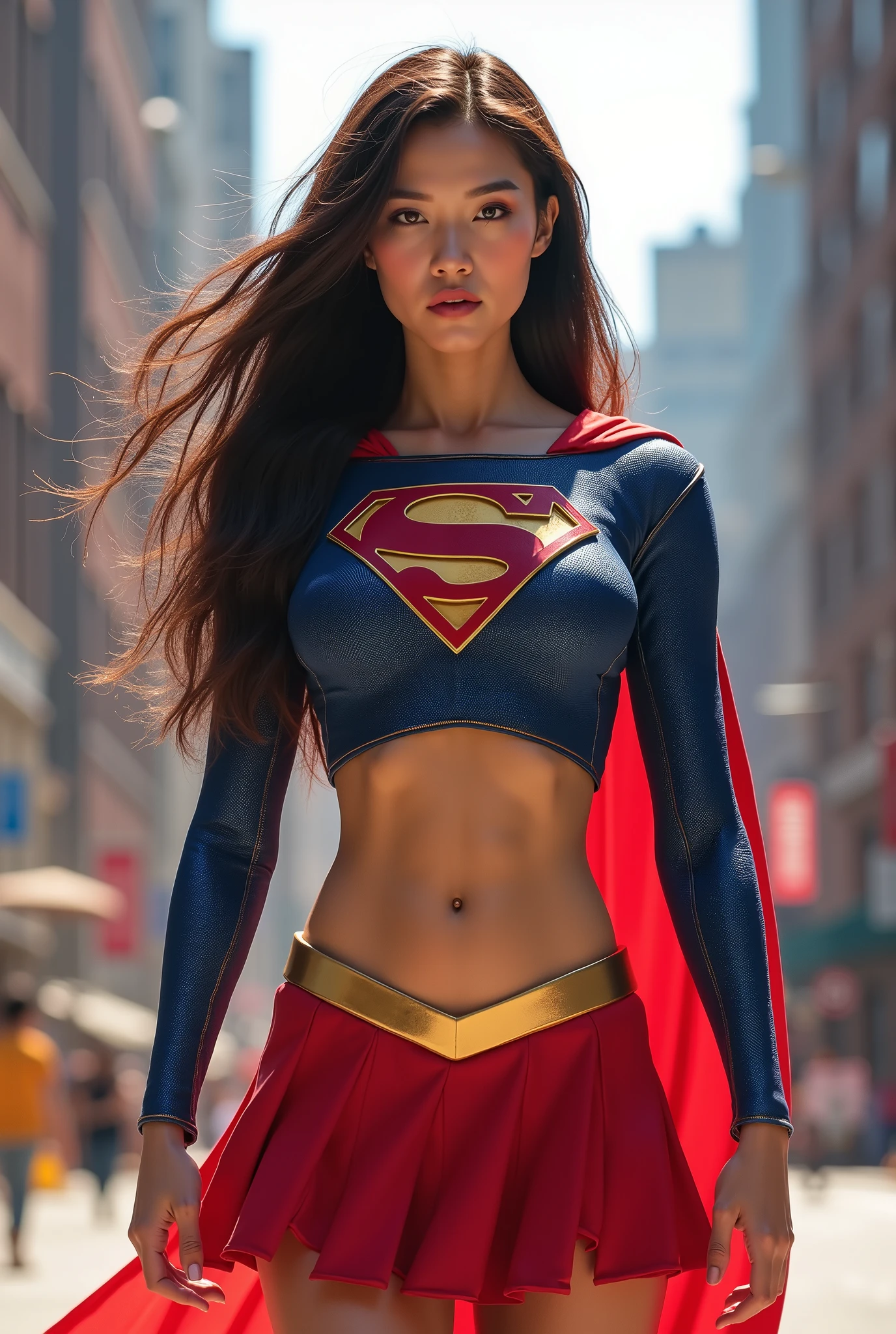 asian supergirl, red skirt, blue top with Supergirl logo on chest, open belly, bra visible,focus on her hairs,