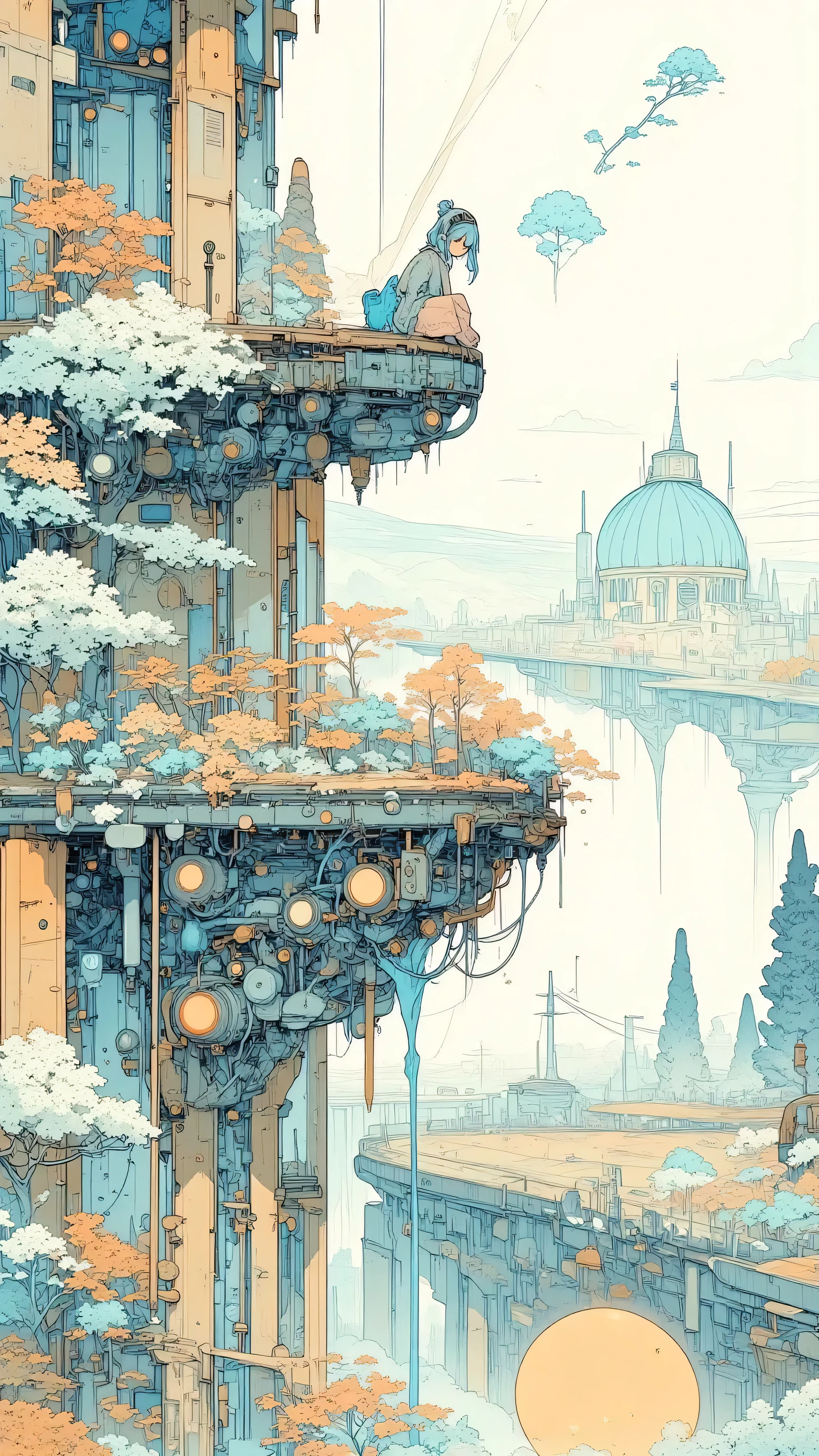A slumbering titan partially buried in a crater, with flowers blooming from its metallic body. A like figure sits atop its hand, looking at a single giant flower floating in the sky. Soft atmosphere, Moebius-inspired, poetic sci-fi, quiet emotion, dream world