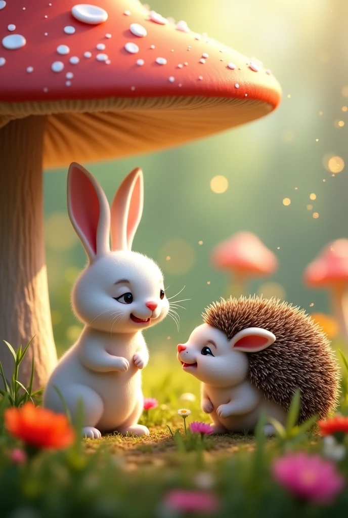 Generate a Full HD hyper-realistic image of A whimsical forest scene features a cute hedgehog in the foreground, with spines and a friendly expression, positioned near bright red mushrooms with white spots. In the background, a fluffy rabbit with large ears is seen from behind, sitting on a mossy path framed by green foliage and soft sunlight filtering through the trees.
