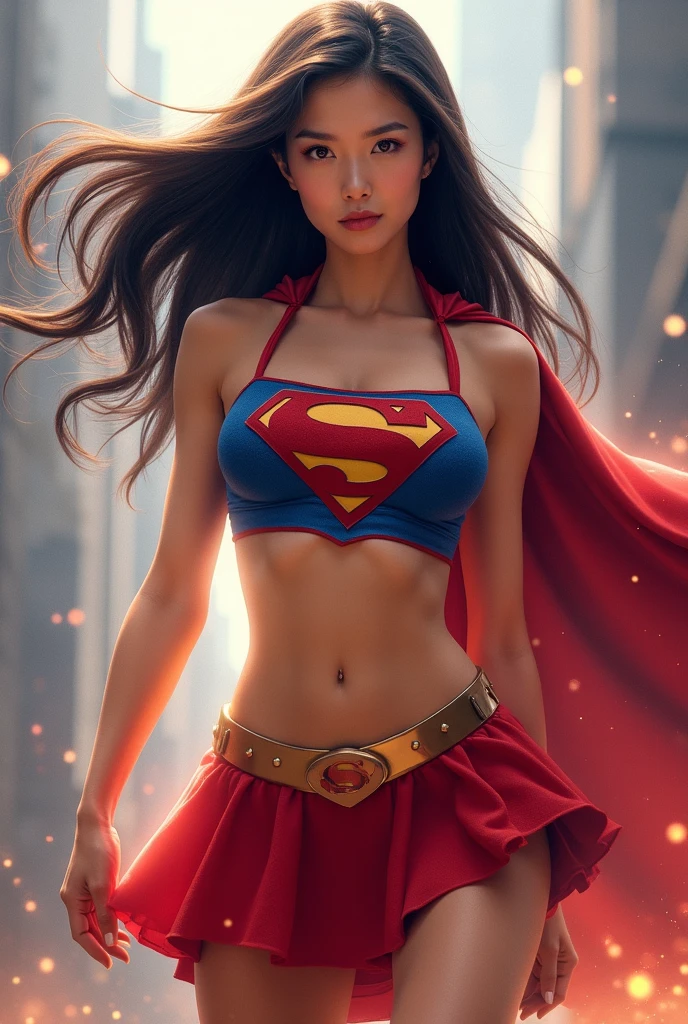 A MUSCULAR FEMALE, WITH LONG BLACK HAIR, BLUE EYES, WITH HUGE BULGING SWOLLEN MUSCLES, WEARING A CLASSIC SUPERMAN COSTUME AND RED CAPE. ABSURD 8K RESOLUTION, INCREDIBLY DETAILED SKIN AND EYES.