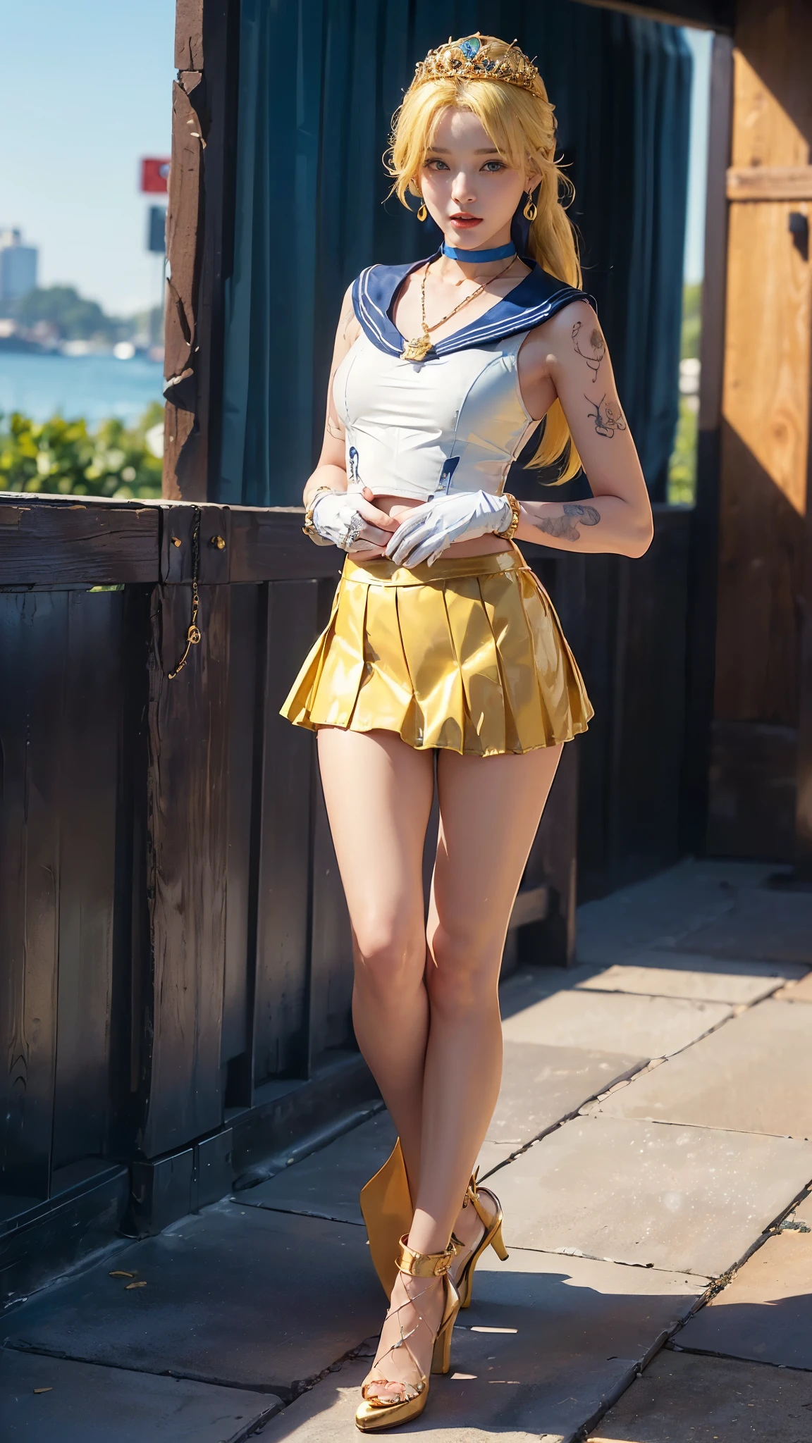 (The best quality:1.1), (masterpiece:1.4), (absurdities:1.0), portrait, foreground,1girl, Sailor Uranus, KizukiAi, mature woman, small breasts, aqua eyes, blond hair, Uniforme Sailor Senshi, Sailor Necklace, chest arch, rear arch, Supplicant skirt, White elbow gloves, big booty, Ultra miniskirt , jewely, earrings, leaning on a balcony, backwards, showing her butt, BEAUTIFUL BUTTOCKS, (crouched) (micro tanga) (back posture)
