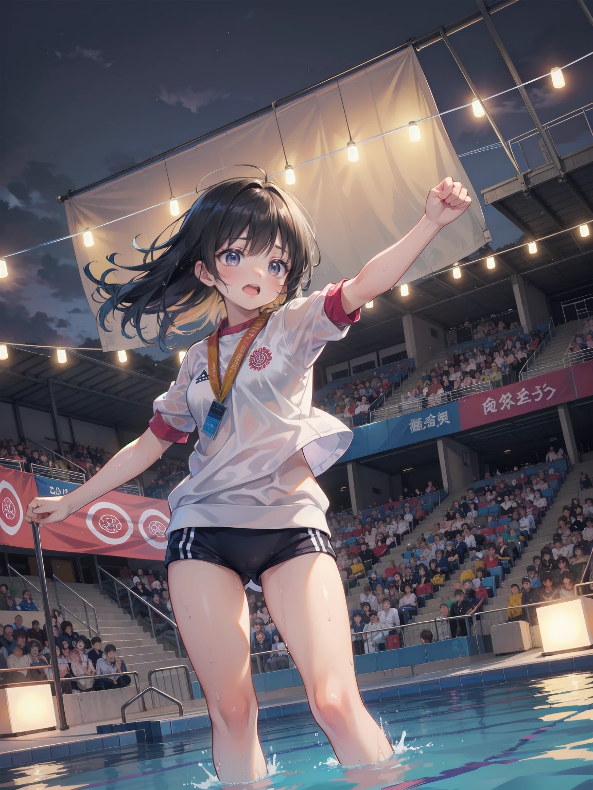 Young and beautiful woman,(Highest quality,Extremely detailed depiction,Incredible high resolution,Anatomically accurate depiction,Curvy Legs),(Glowing Skin,Glowing Skin),(Bloomers,latex,gold medal,Wet body,Guts pose),eyelash,Happy laughter,Sweat,whole body,background:Swimming competition pool,Olympic mark,Olympic Flag,Podium,Cauldron Stand,Black Hair, Black long hair, Japanese,White gym clothes,Navy blue sleeves, 紺色Bloomers ,