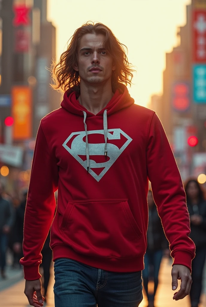 Create white super hero, with gray clothes and the letter K on the chest in red, he is in the sky next to a plane with a Neapolitan ice cream in his hand
