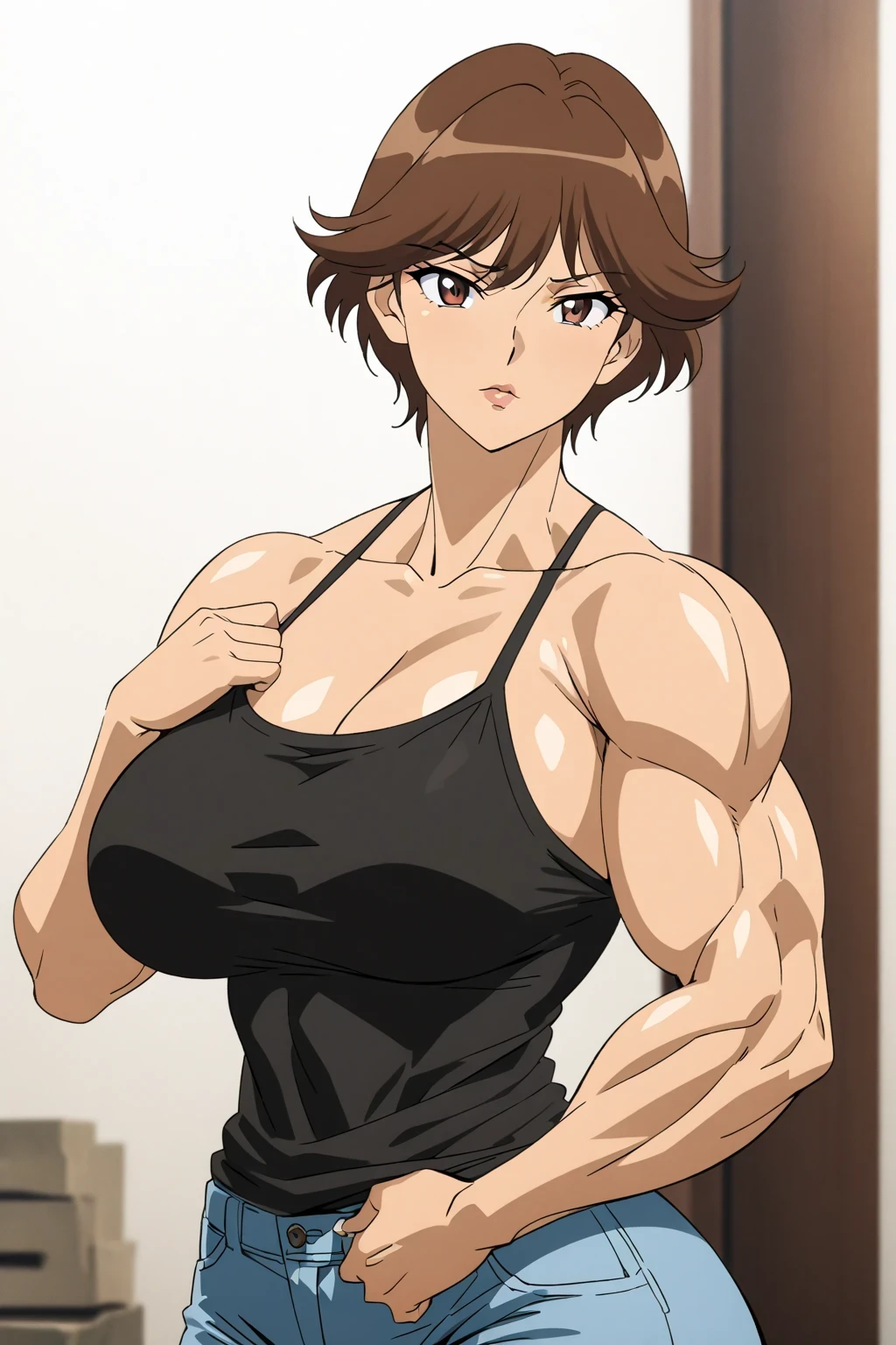 score 9 , score 8 up, score 7 up, source anime, masterpiece, Best Quality, high resolution, 1woman, short brown-haired woman wearing a red panty, Muscular and strong, Brown eyed woman, solo, Classic Women, Big Breasts, Strong muscles, women with very large breasts, anime artist wearing jeans, , costume:black camisole, biceps, biceps long head, biceps short head, triceps, triceps medial head, triceps lateral head, triceps longhead, brachioradialis , deltoids, anterior deltoids, middle deltoids, posterior deltoids, collarbone, Women Romance, anime-style, muscular woman, Bigger Chest and Butt , tall woman, toned body, feminine and muscular, adult sex appeal, Made in the studio by a, Anime dick!!!!, camisole with an black, Bare shoulders, plain camisole, Bare Arms, camisole and jeans only, cowboy shot, looking at viewer, woman's focus,