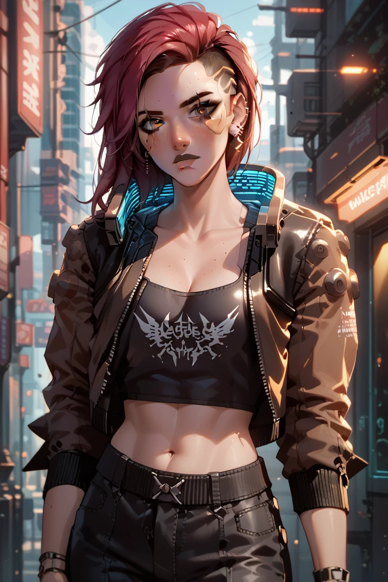 2077v, neon jacket collar. redhead, leather jacket, leather pants, grey shirt, undercut, high quality, masterpiece, raw photo, detailed, extreme detail, detailed lips, raw, 4k, high resolution,