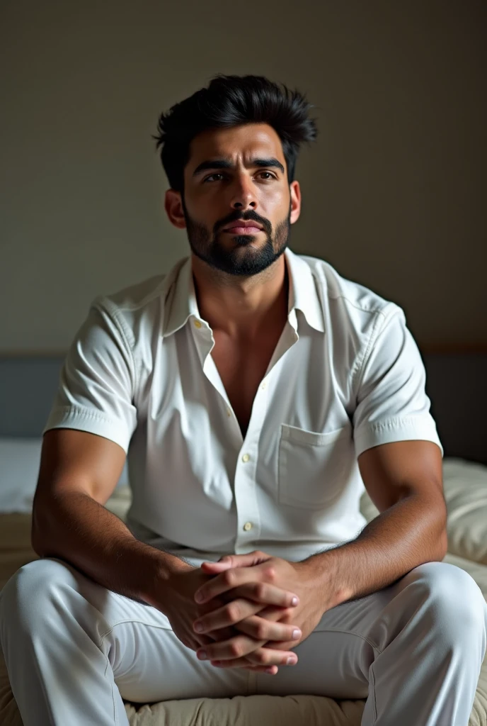 sacha dhawan a man <lora:pavail-gulati_Sacha-Dhawan:1>, (natural lighting:studio lighting:0.5), sophisticated elegant mood, stained, highly detailed, found footage, elegant pose,  windows show snow xmas tree, christmas, vintage, biceps, look at looking at viewer, full beard, sunburn,  wake up pose, winter, xmas decord, drinking coffee, morning time, wear santa hat, wear red tank top, underwear, chill, feel good, (masterpiece, best quality:1.5), night time, cozy warm room, (masterpiece,best quality:1.5)