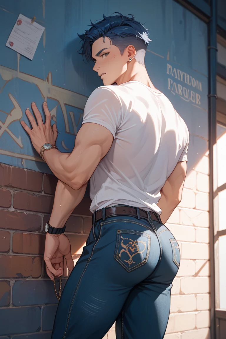 best quality, masterpiece, handsome man with medium length blond curtain bangs and oriental tattoos, aggressive expression, topless, wearing unbuttoned very low rise baggy jeans, fucks a age man with short dark hair, (wearing a basketball jersey), anal sex, standing doggystyle, sex from behind, waist grab, brick wall, dark alley at night, dirty and littered ground, wooden crates, bicycle, sexy, gay homoerotic, cinematic lighting, extremely dramatic shadows, perfection, no watermark, no logo, no signature