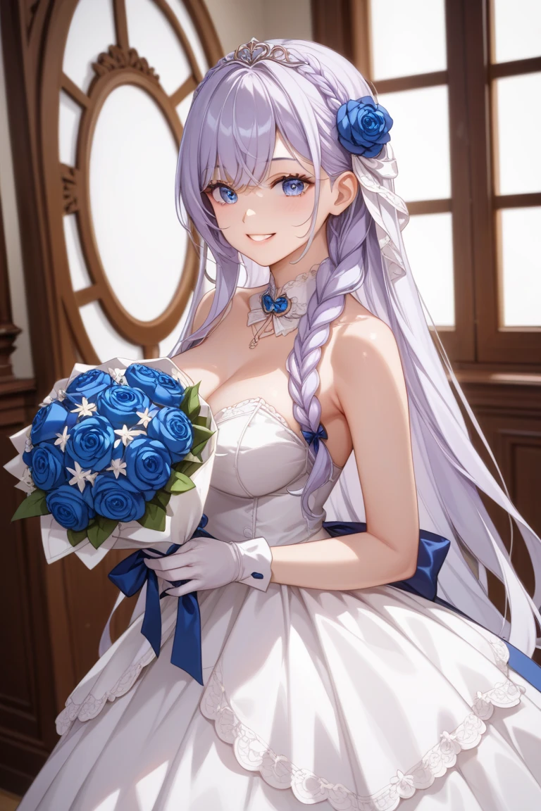 best quality, masterpiece, highres, solo, {kamisato_ayaka_genshin:1.15}, bangs, blue_eyes, long_hair, blunt_bangs, ribbon, hair_ribbon, ponytail, sidelocks, blue_hair, mole, mole_under_eye, blush, hair_ornament, breasts, smile, white_hair, 1girl, closed_mouth, looking_at_viewer, simple_background, white_background, flower, holding, tress_ribbon, bouquet, bare_shoulders, holding_bouquet