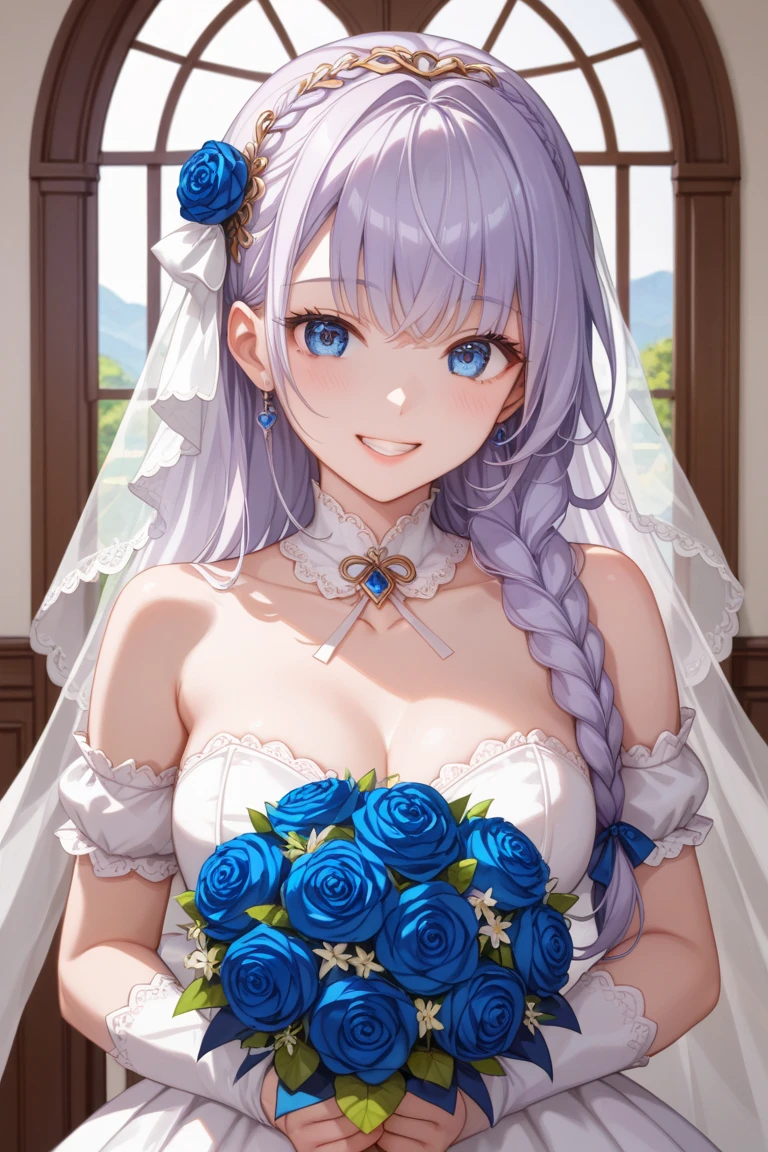 (((smile)))(((Big Breasts)))(masterpiece:1.3, highest quality, Ultra-high resolution, Very detailed), (Realistic, photoRealistic:1.4), Beautiful illustrations, (Natural Side Lighting, Cinema Lighting), Written boundary depth,
Looking at the audience, Bust photo, 1 girl, 16 years old, Perfect Face, (Perfect Anatomy), Symmetrical cute face, Baby Face, Shiny skin, thin
(Long Hair:1.8, Straight hair:1.2, Silver Hair), Hair above one eye, Purple eyes, Pink Lips, Long eyelashes, (Big Breasts:1.3), 
Beautiful Hair, Beautiful Face, Fine and beautiful eyes, Beautiful clavicle, Beautiful body, Beautiful breasts, Beautiful thighs, Beautiful legs, Beautiful fingers, 
High-quality fabric, wedding princess dress, Flower head, Head ornament, (Bandeau wedding dress:1.5), (Silk dress:1.2), (Strapless Wedding Dress:1.5), 
plain white dress, necklace, Earrings, Cleavage, bouquet, (Lace gloves:1.2), (Bridal Veil:1.2), (Short transparent veil:1.2), 
(Beautiful views), evening, Sunny day, (church, Stained glass) walk, (smile, blush), 
