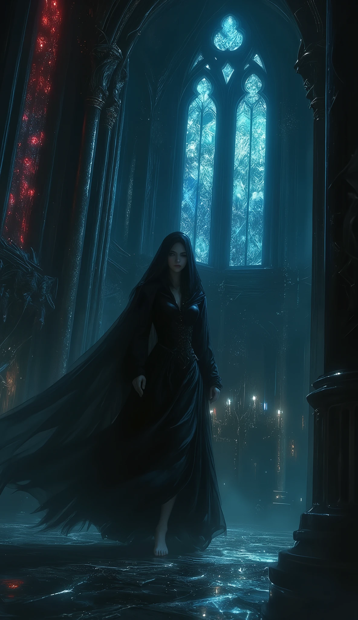 A lone gothic maiden clad in deep obsidian robes walks barefoot across a candle-lit cathedral cloaked in shadows. Her veil is sheer and black, her eyes veiled in melancholy—yet they gleam faintly like storm-washed sapphires. Ravens perch silently on the ornate iron chandeliers above, watching her with unnatural stillness.
The stained-glass windows bleed crimson and indigo light, casting distorted reflections of long-lost saints and sinners on the cold stone floor. Instead of an altar, there stands a black marble mirror, cracked and ancient—revealing not her reflection, but memories she buried long ago.
Gargoyle statues whisper ancient prayers in forgotten tongues, echoing softly through the hallowed space. A gothic organ begins to play by itself, its keys moving under invisible hands, releasing a melancholic hymn that swells like a heartbeat
