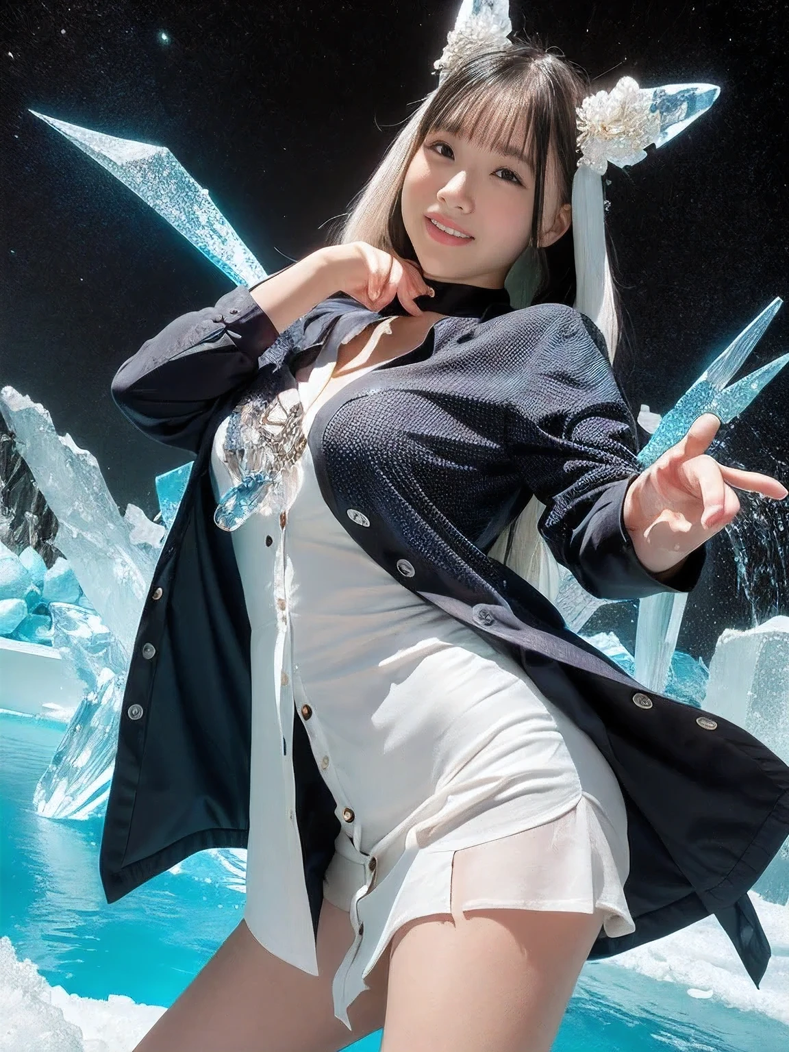 ((((I'm wearing a see-through tunic and a 3.0)))(((Vneck inner shirt inside)))(((front open shirt 2.0)))(((oversized button shirt 2.0)))(((colorful split shirt 2.0)))(((Spring Fashion)))(((Milan Style)))(((Vneck inner 1.0)))(((miniskirt)))、(((long straight hair)))(((captivating smile )))、(((dynamic posing 5.0)))、(((spring picnic landscape 3.0)))、(((Park with a fountain)))、(((glossy)))deep and beautiful blue reminiscent of the night sky and space、blue and white abstract background with lots of diamonds, crystallization化した, crystallization skin, Random Posing Shot, Sparkling Crystals , シロナガスクジラのcrystallizationテクスチャー, Crystal Cubism, 青いcrystallization, crystallization粒子, Facet, crystallization, Diamond Texture, Fractal Details Diamond Skin, glittering ice , Facet, crystal fragments , crystallization edges