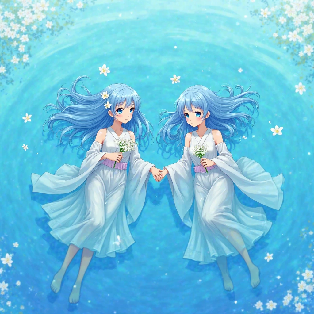 anime girl in a white dress laying on a blue floor, anime girl walking on water, body in water, floating drowned, submerged in water, drowning, drowned, female floating, style of satoshi kon, screenshot from guro anime, animated film still, screenshot from the anime film, floating under water, in the anime film ergo proxy, submerged dramatic
